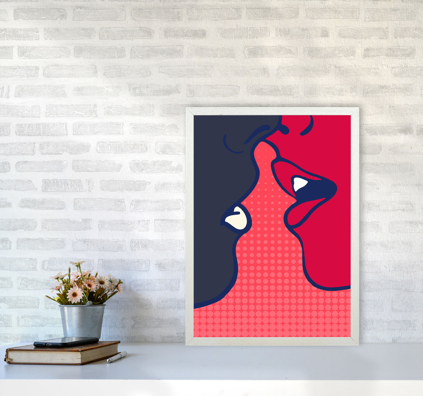 The Kiss - PINK Colourful Modern Art Print by Kubistika A2 Oak Frame