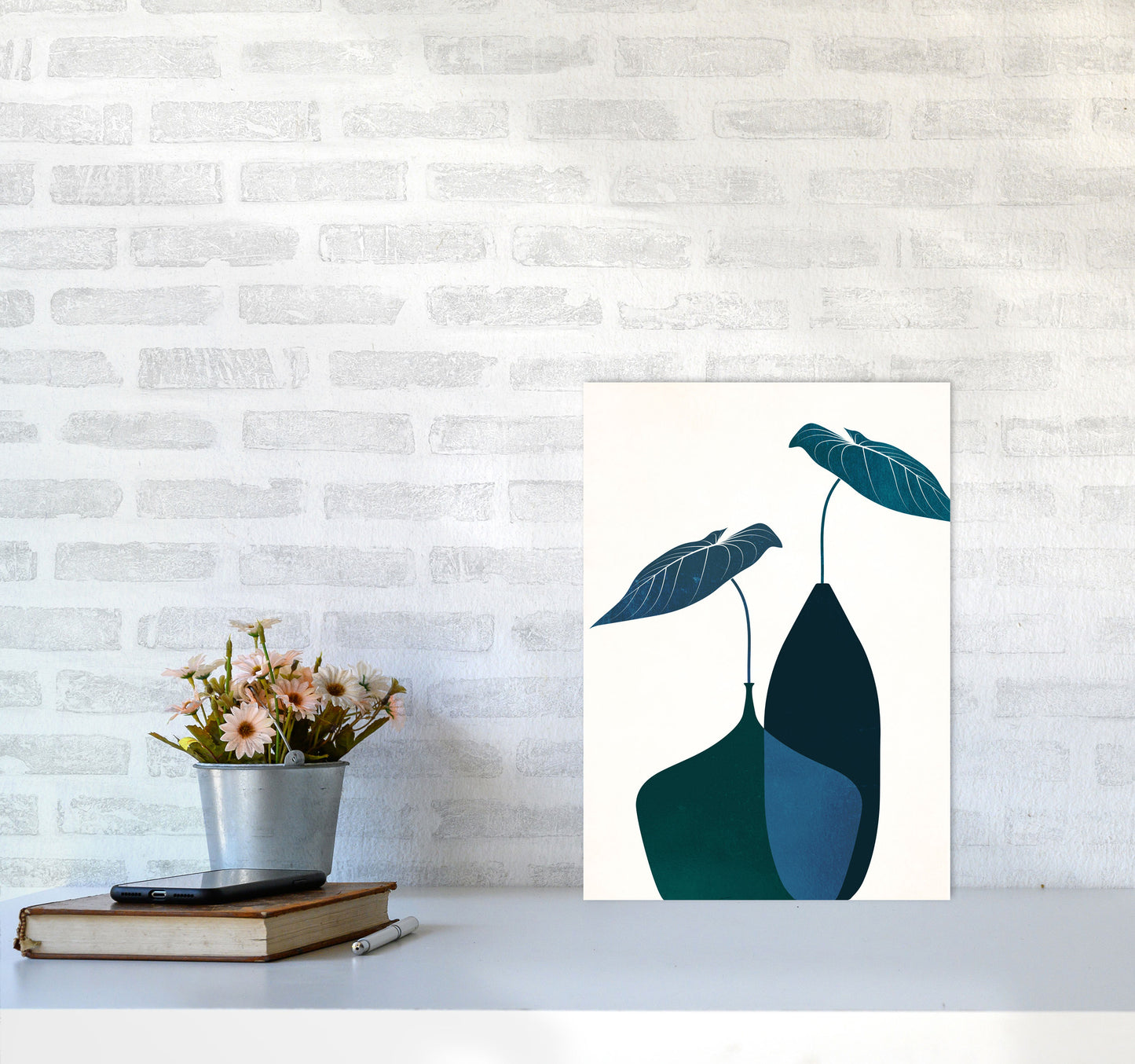 Scandinavian Bouquet-BLEU Contemporary Art Print by Kubistika A3 Black Frame