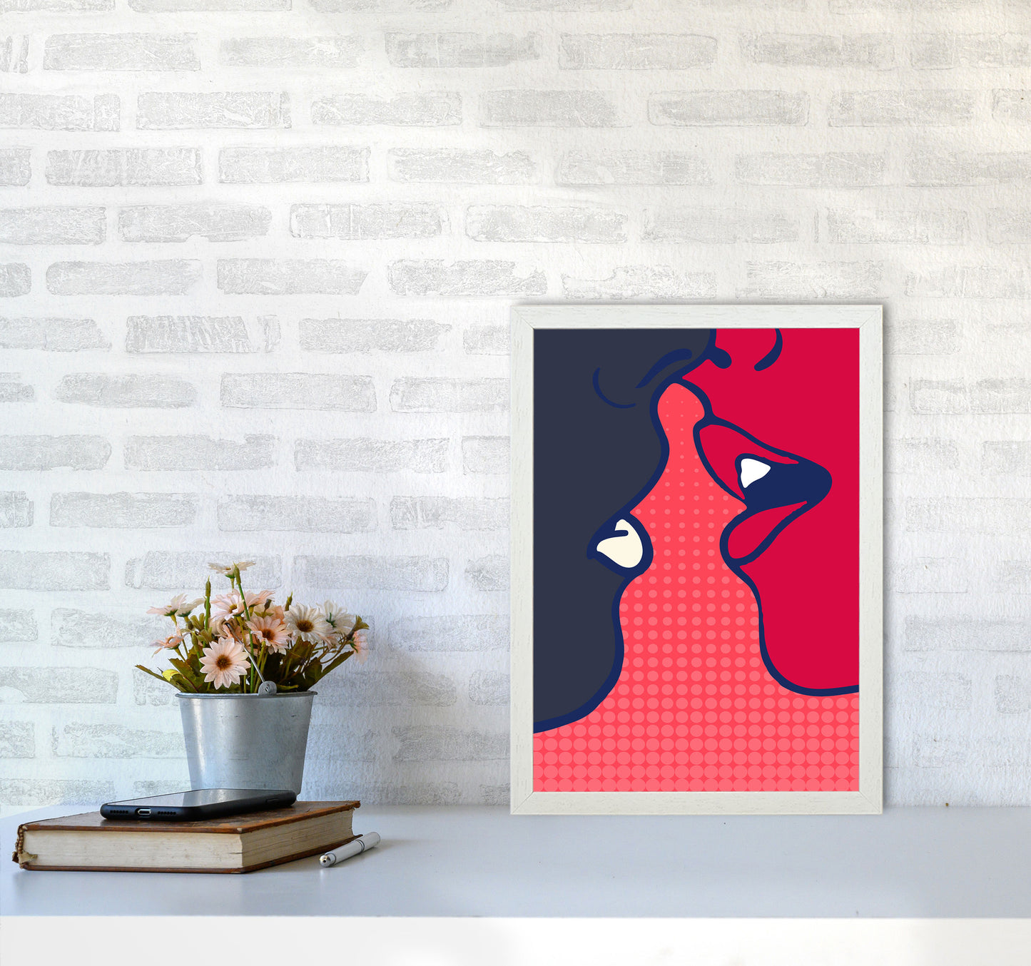 The Kiss - PINK Colourful Modern Art Print by Kubistika A3 Oak Frame