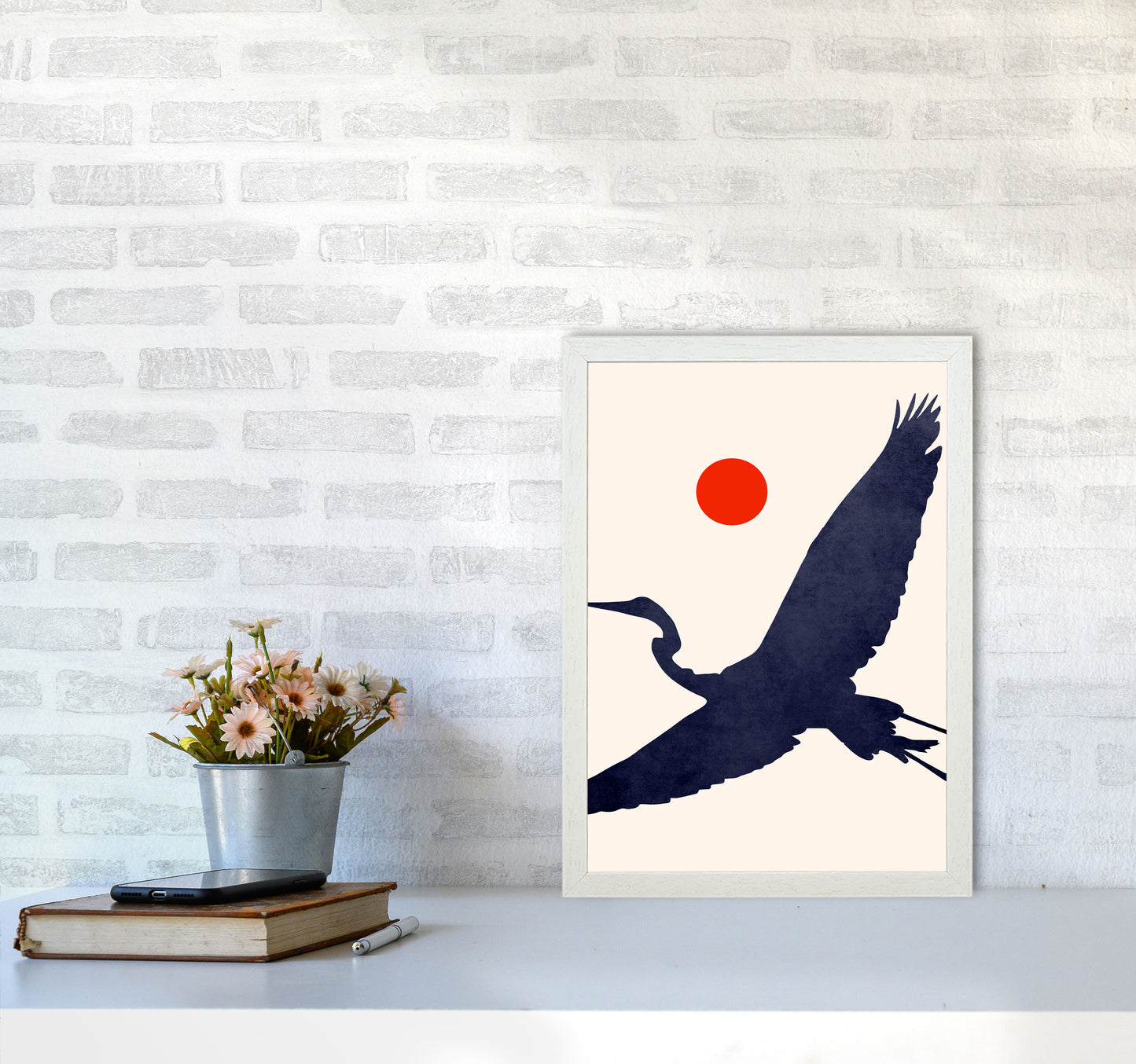 Crane Art Print by Kubistika A3 Oak Frame