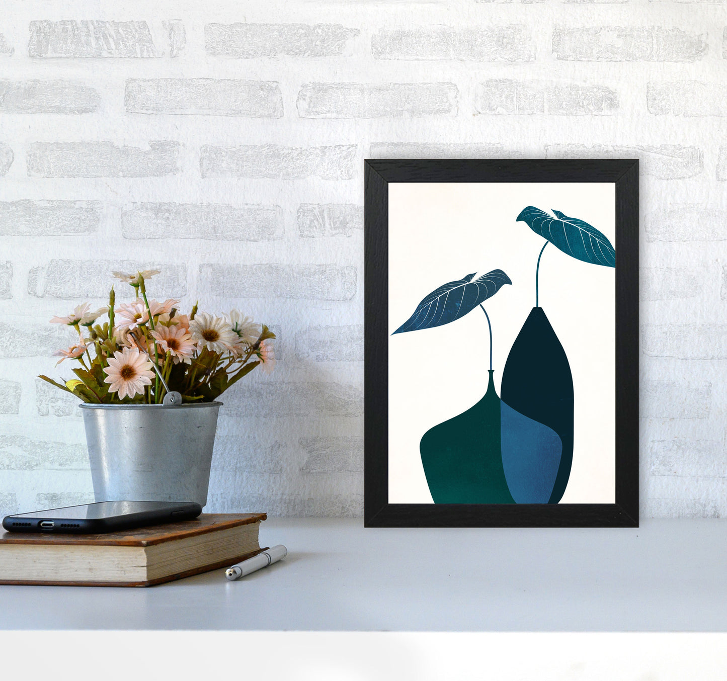 Scandinavian Bouquet-BLEU Contemporary Art Print by Kubistika A4 White Frame