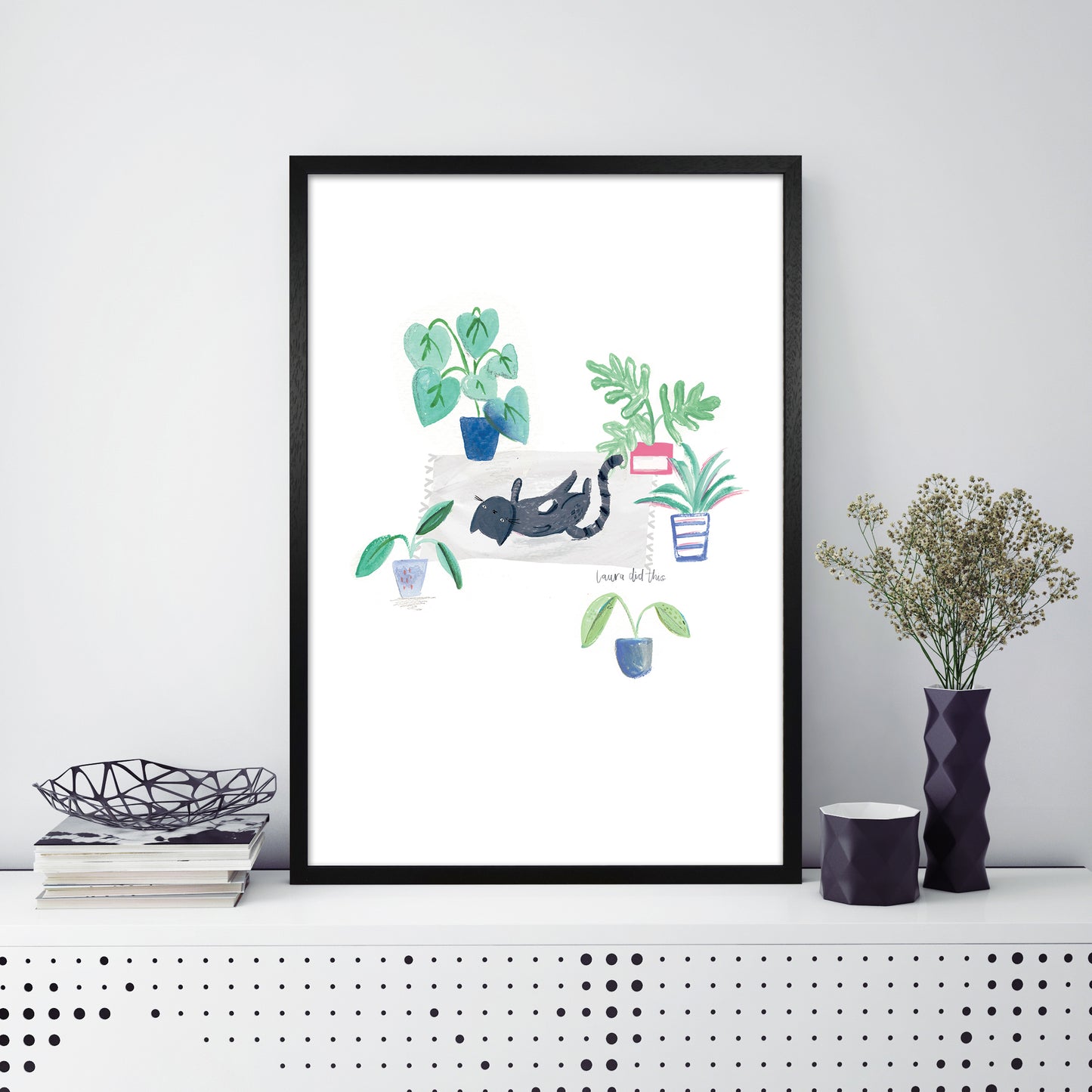 Laura Irwin Black Cat and House Plants A1 Black with White Mount