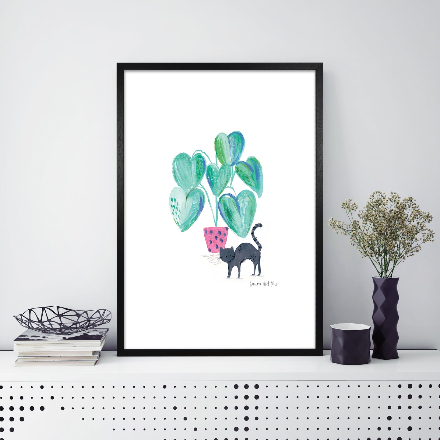 Laura Irwin Cat and Hpouse Plant A1 Black with White Mount