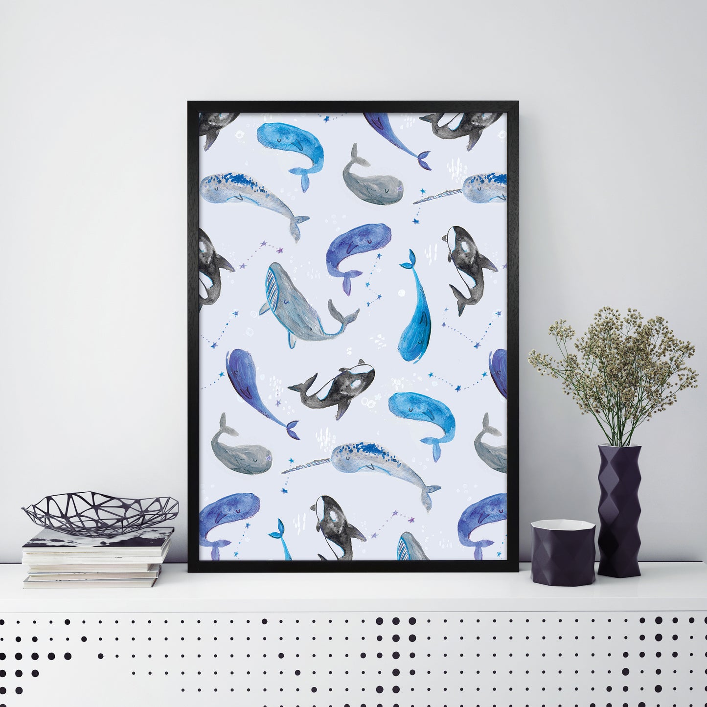 Laura Irwin Whales Repeat Patterm A1 Black with White Mount