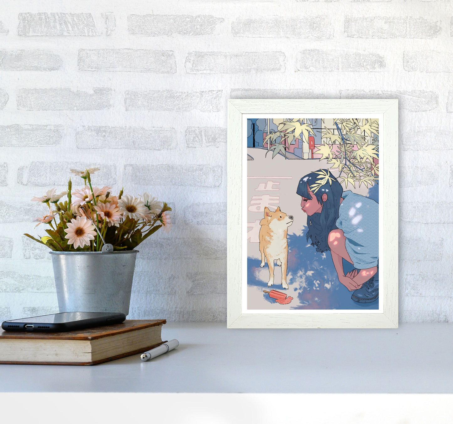 Shiba Art Print by Lucy Michelle A4 Oak Frame