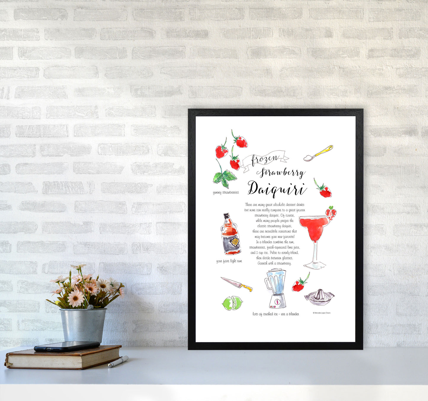 Strawberry Daiquiri Cocktail Recipe, Kitchen Food & Drink Art Prints A2 White Frame