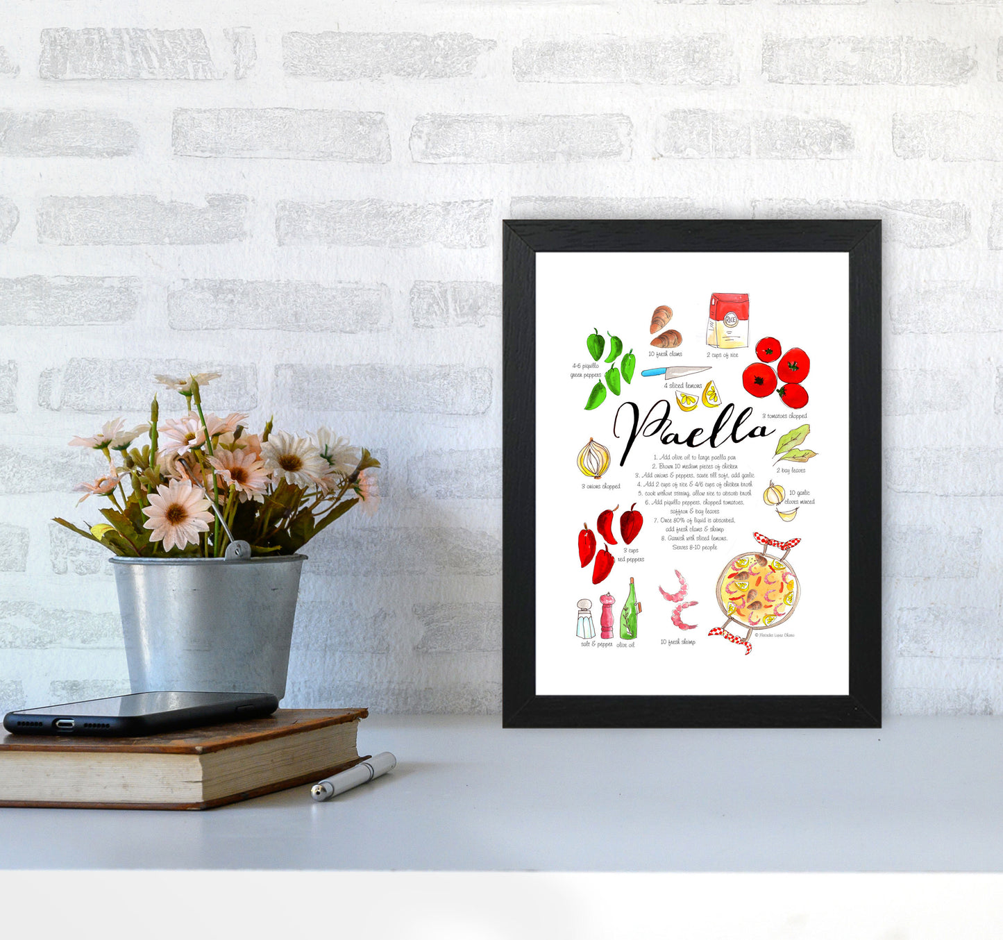 Paella Ingredients Recipe, Kitchen Food & Drink Art Prints A4 White Frame