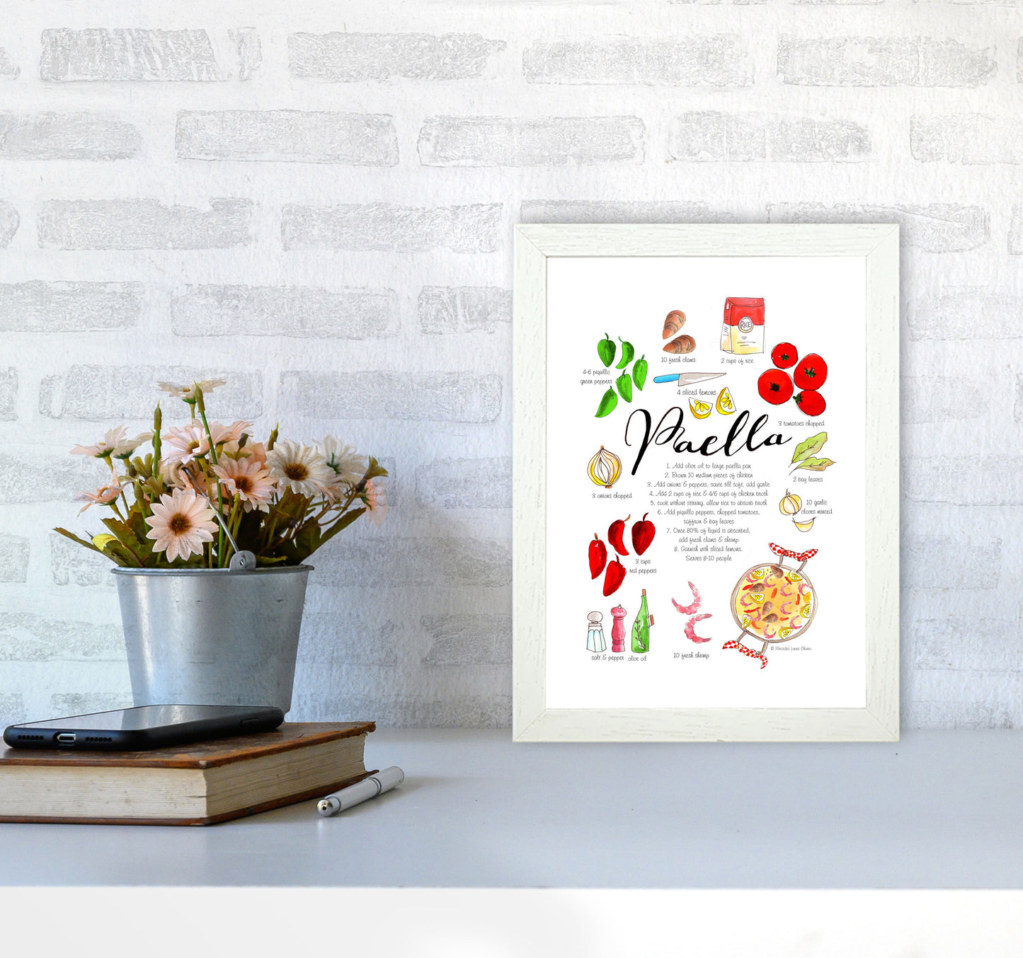 Paella Ingredients Recipe, Kitchen Food & Drink Art Prints A4 Oak Frame