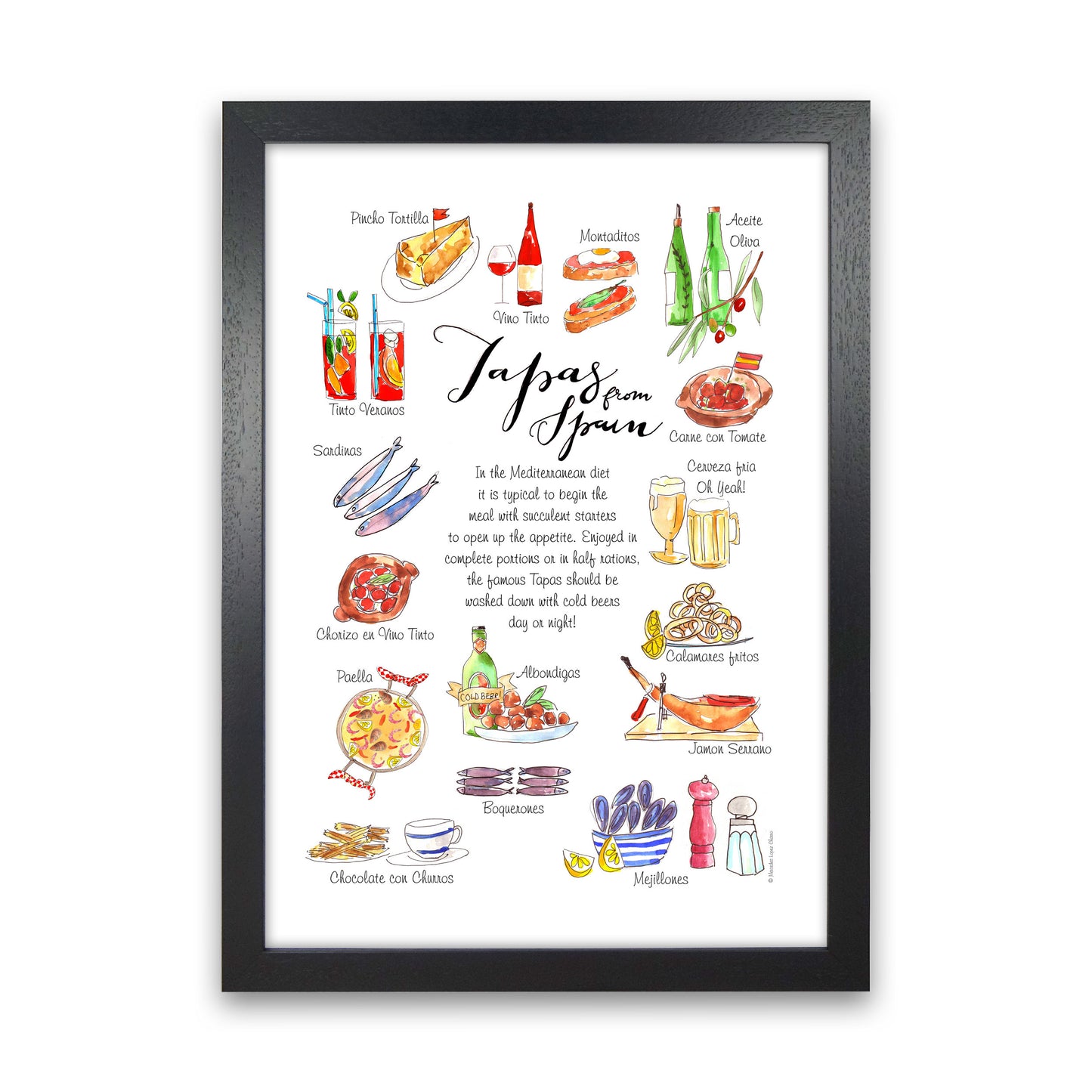 Spanish Tapas Ingredients, Kitchen Food & Drink Art Prints Black Grain
