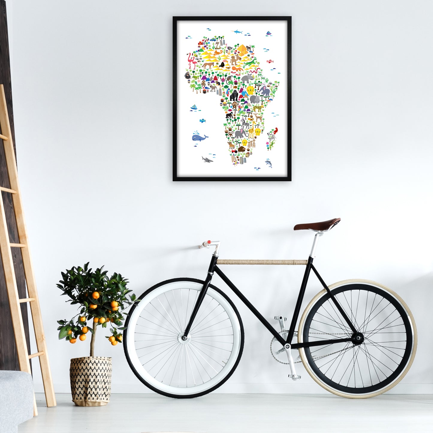 Animal Map of Africa Nursery Art Print by Michael Tompsett A1 White Frame