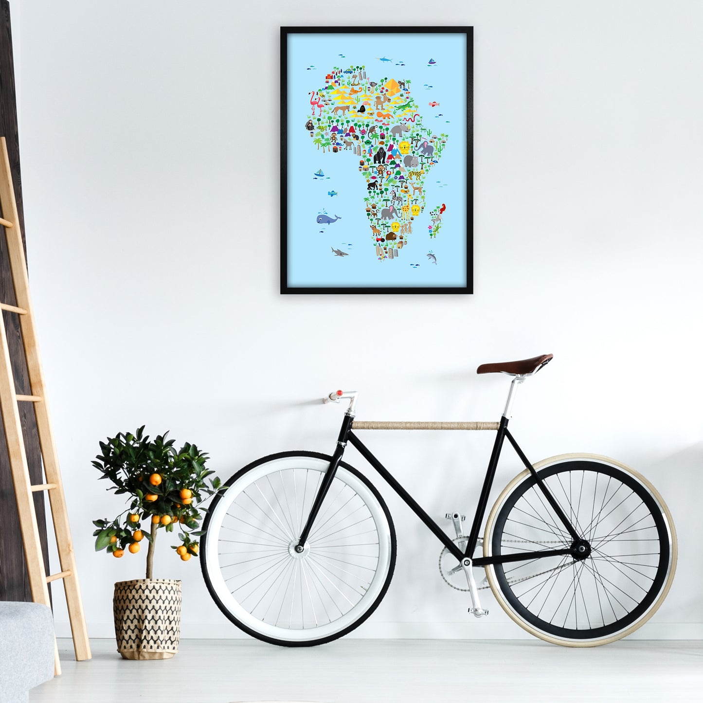 Animal Map of Africa Blue Nursery Print by Michael Tompsett A1 White Frame
