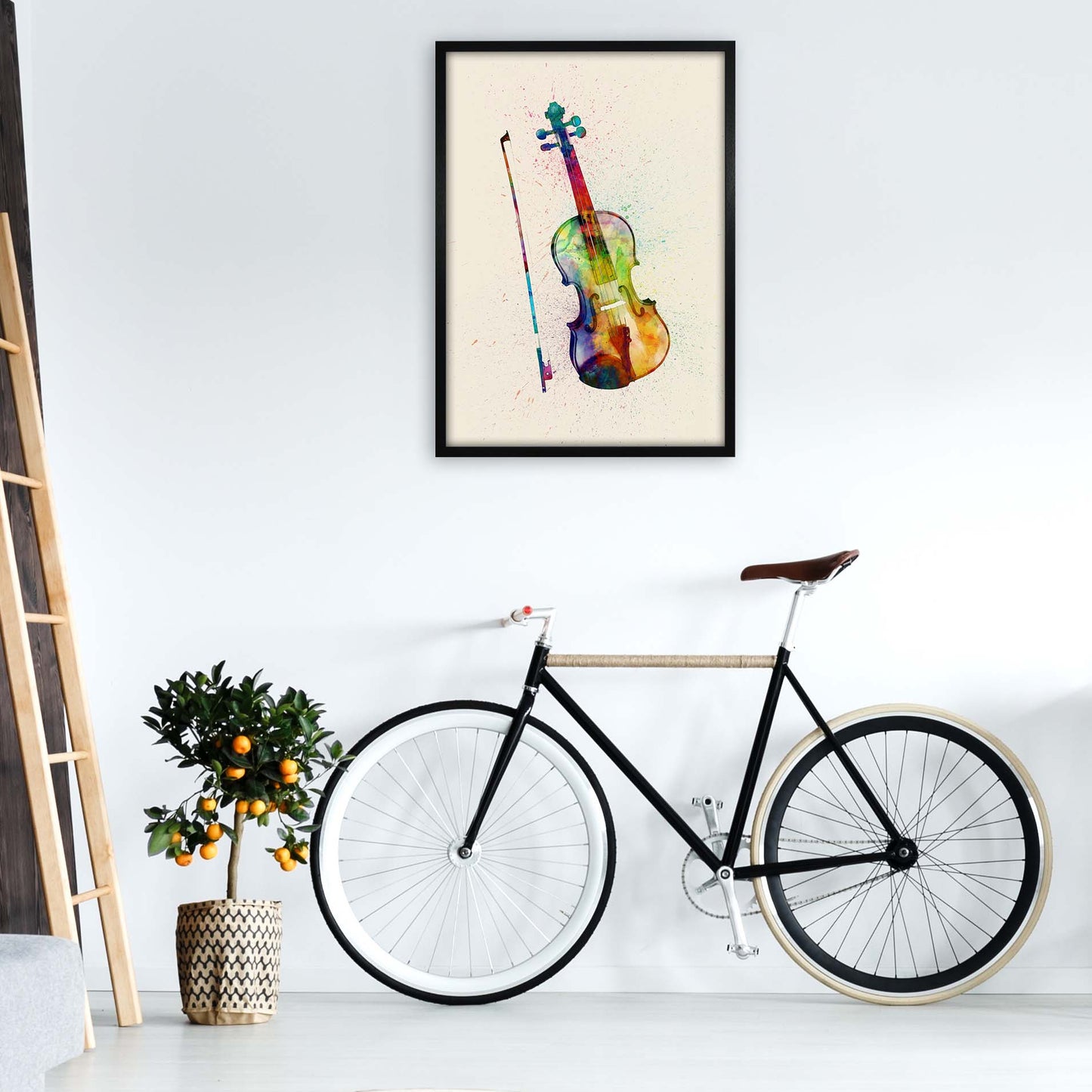 Violin Watercolour Multi-Colour Print by Michael Tompsett A1 White Frame
