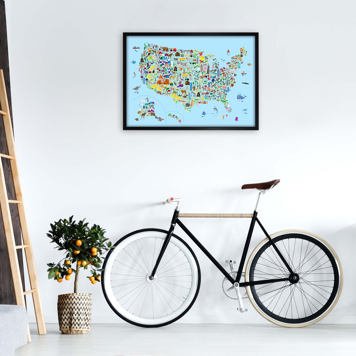 Animal Map of United States Blue Print by Michael Tompsett A1 White Frame