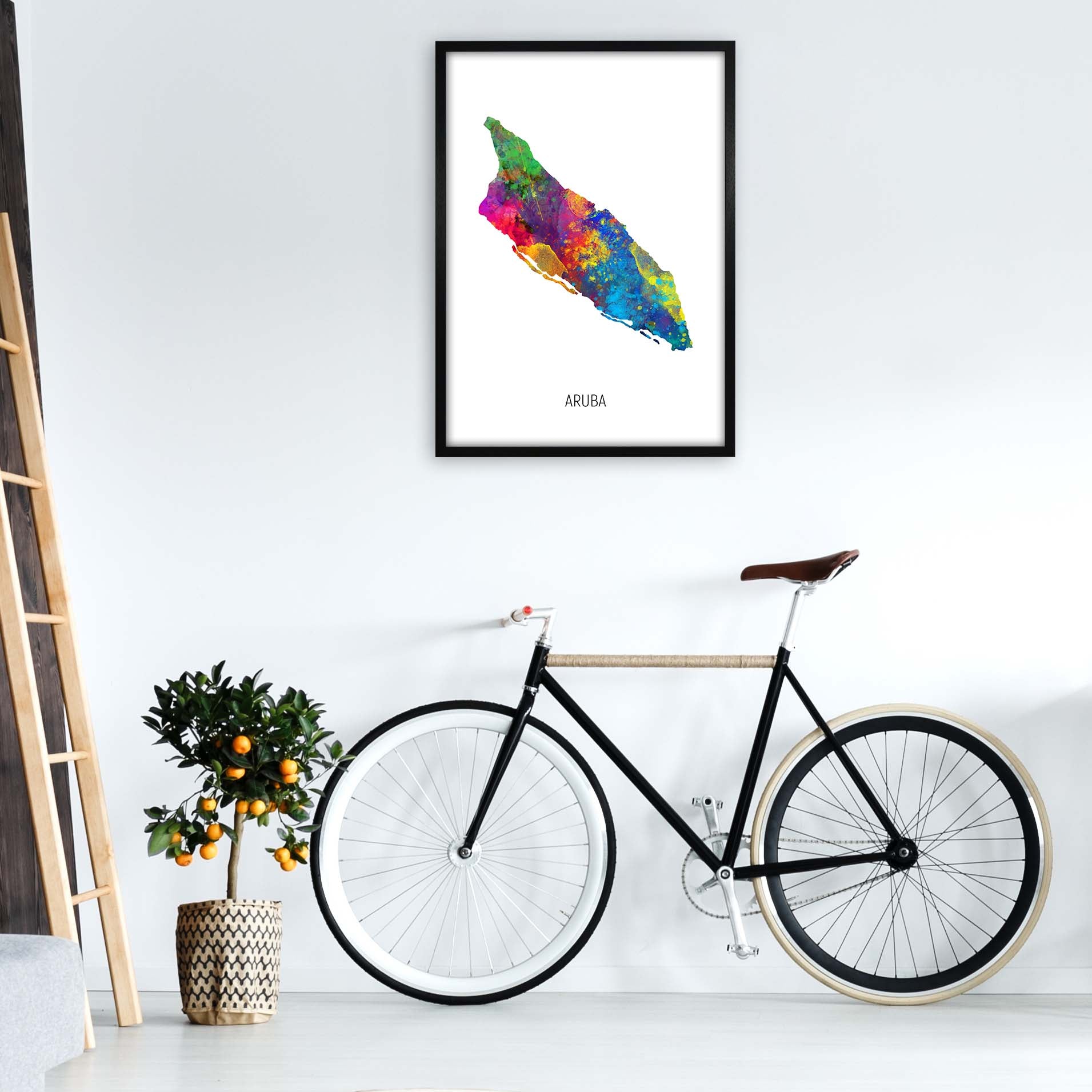 Aruba Watercolour Map Art Print by Michael Tompsett A1 White Frame