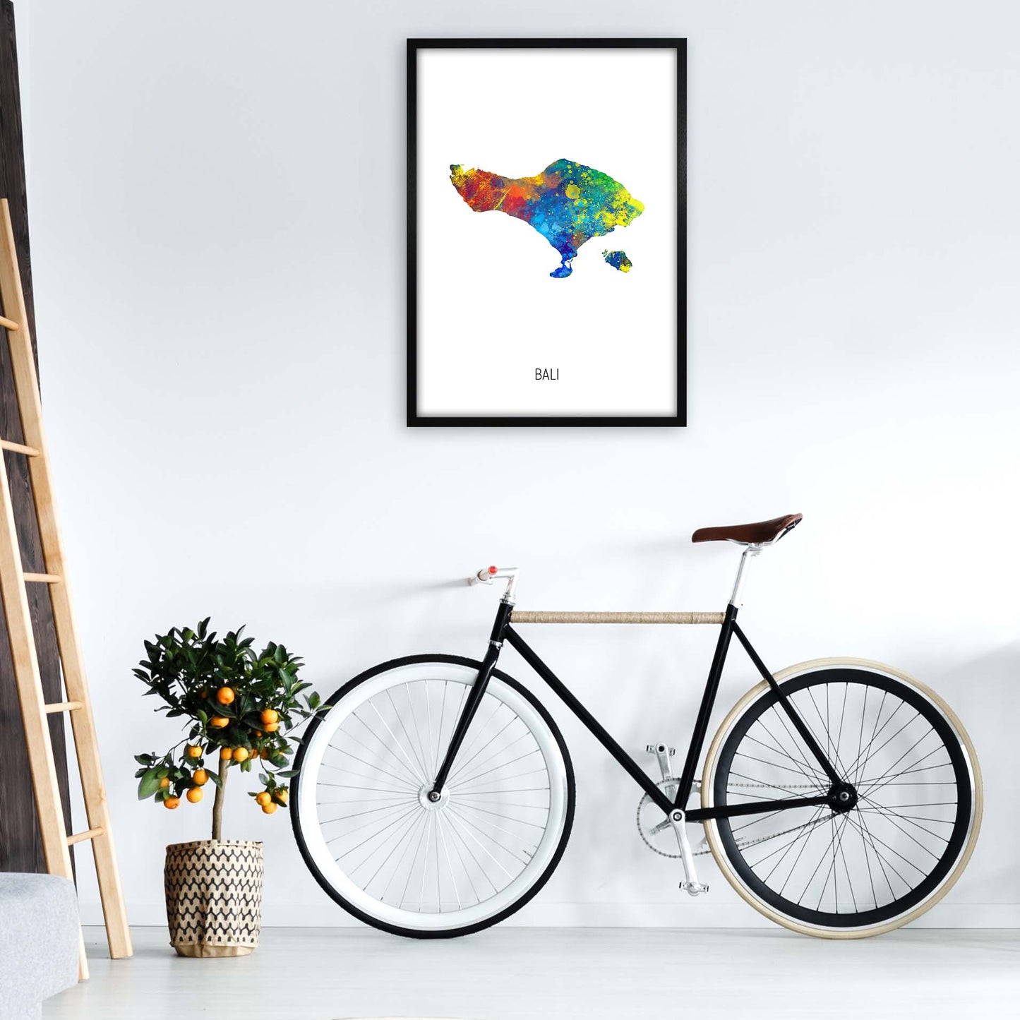 Bali Watercolour Map Art Print by Michael Tompsett A1 White Frame