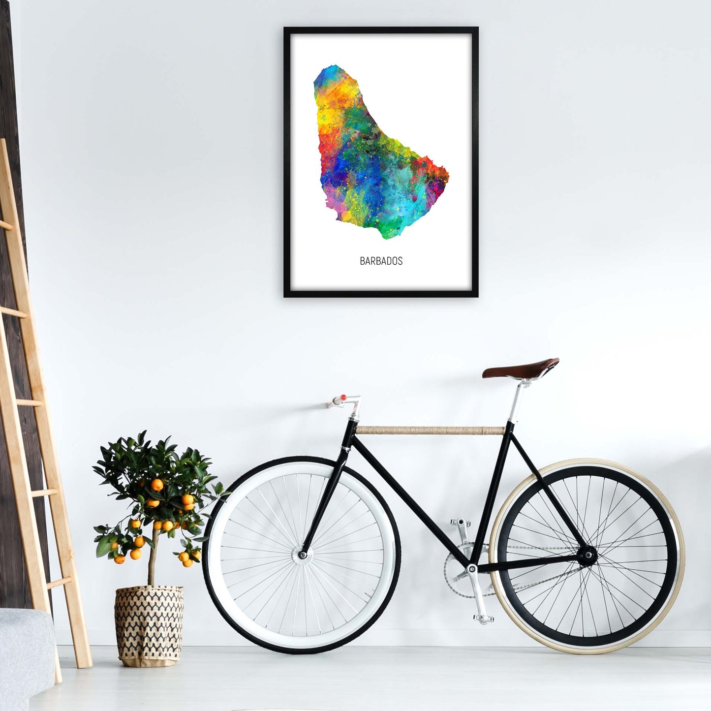 Barbados Watercolour Map Art Print by Michael Tompsett A1 White Frame
