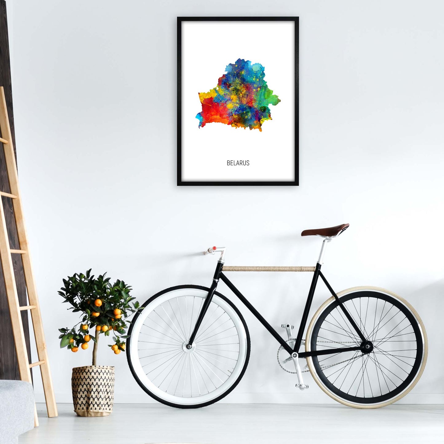 Belarus Watercolour Map Art Print by Michael Tompsett A1 White Frame