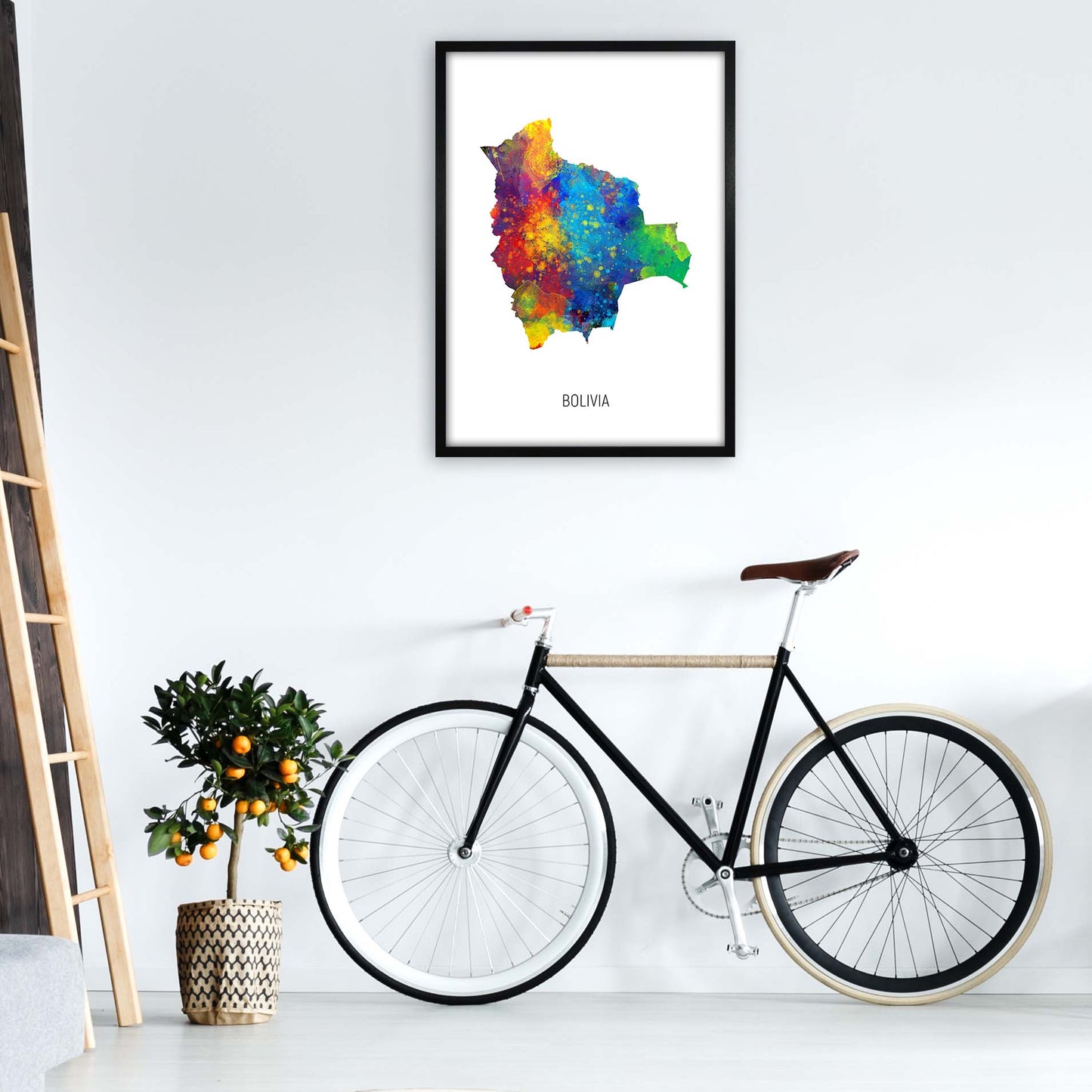 Bolivia Watercolour Map Art Print by Michael Tompsett A1 White Frame