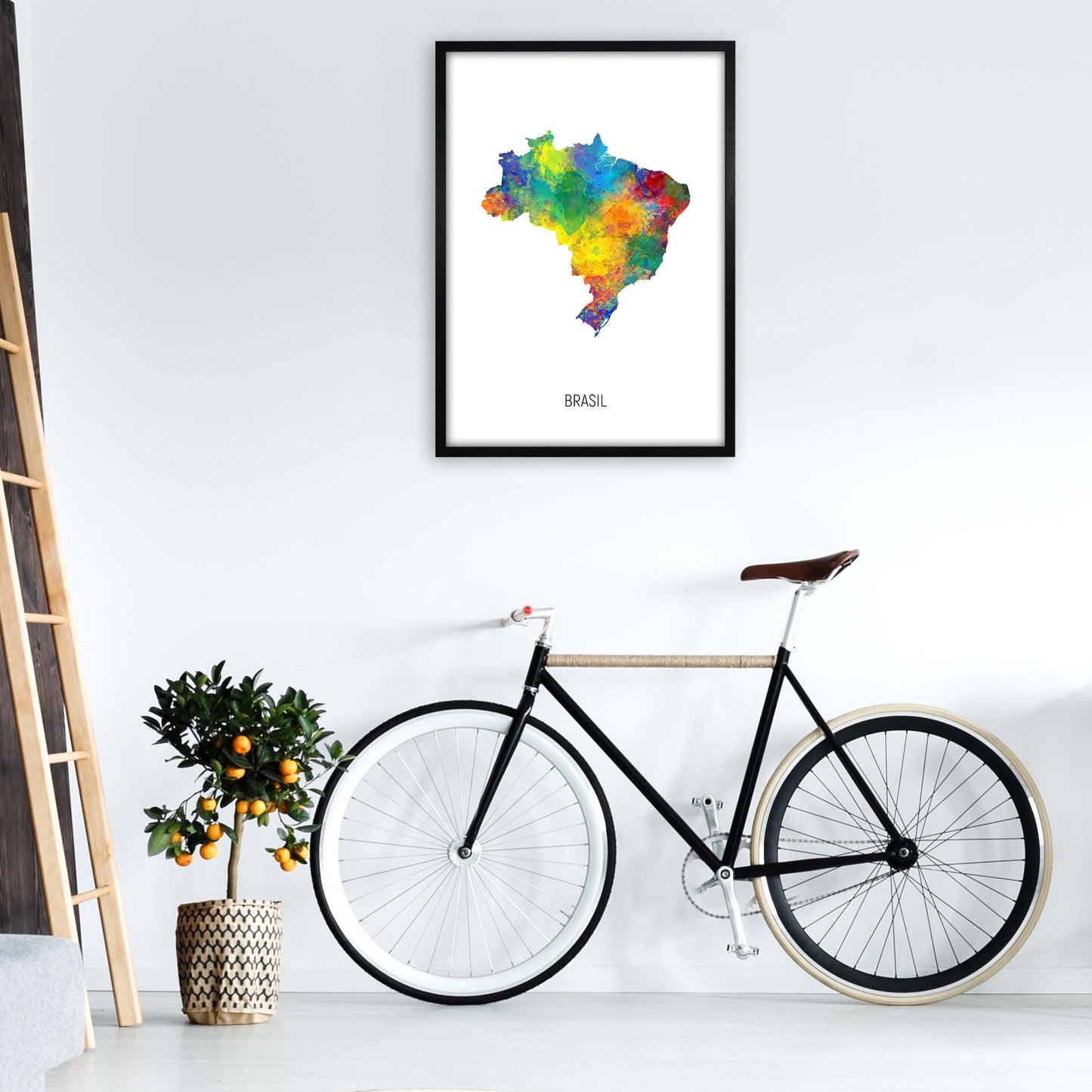 Brasil Watercolour Map Art Print by Michael Tompsett A1 White Frame