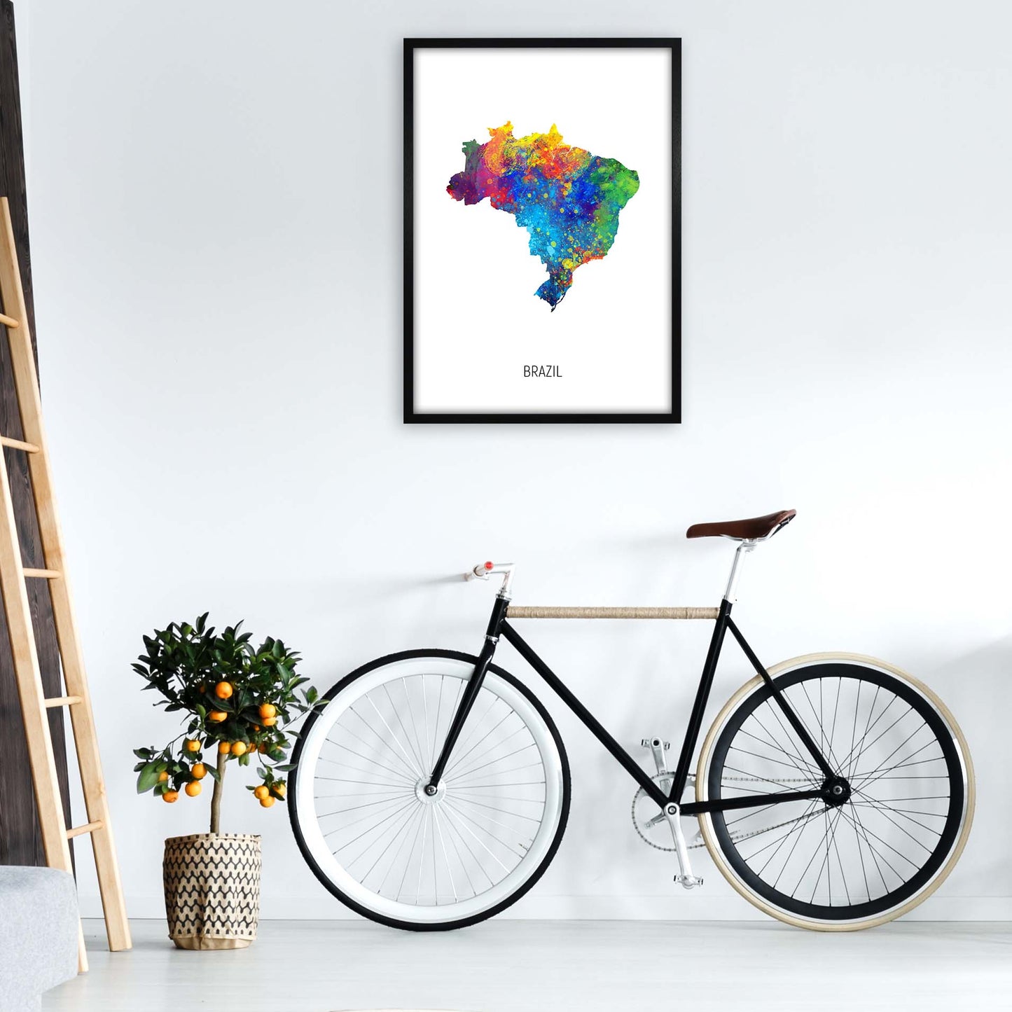 Brazil Watercolour Map Art Print by Michael Tompsett A1 White Frame
