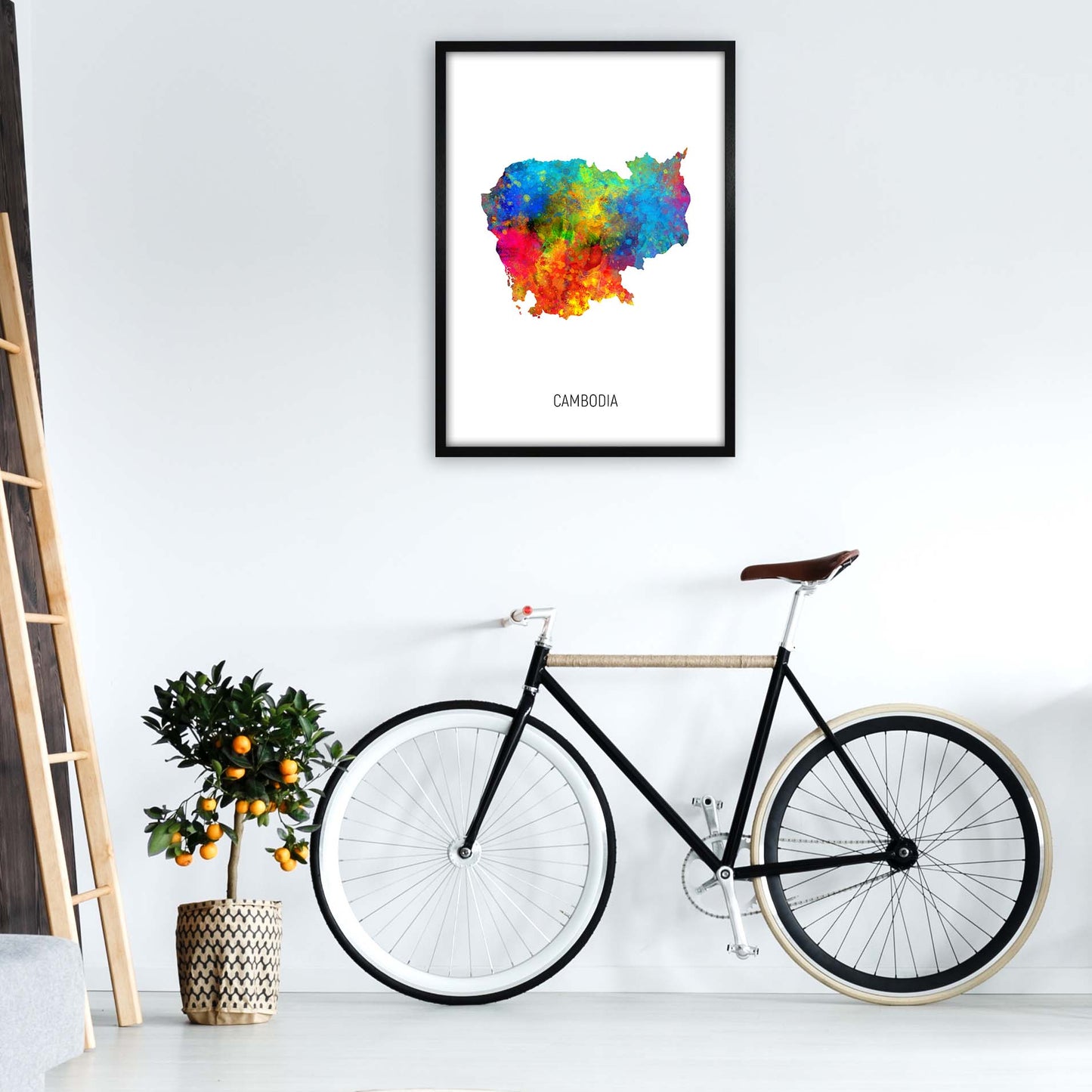 Cambodia Watercolour Map Art Print by Michael Tompsett A1 White Frame