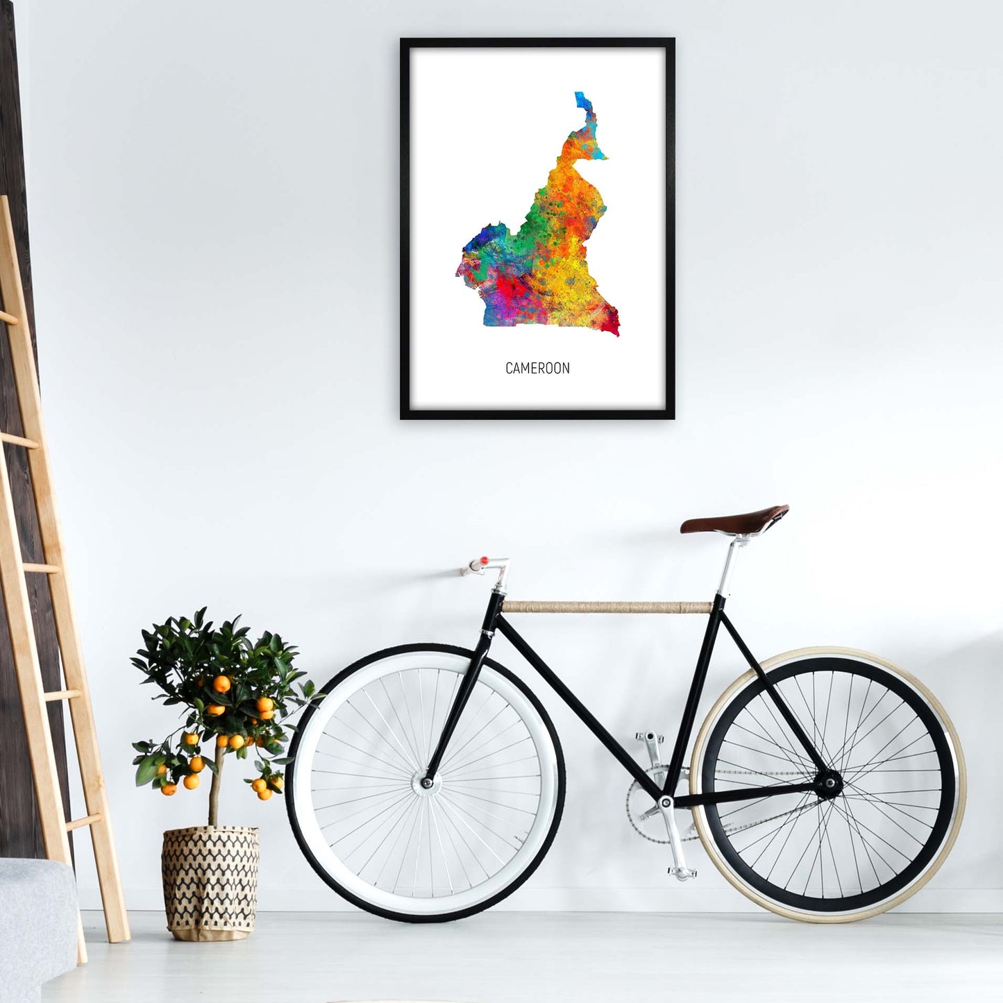 Cameroon Watercolour Map Art Print by Michael Tompsett A1 White Frame