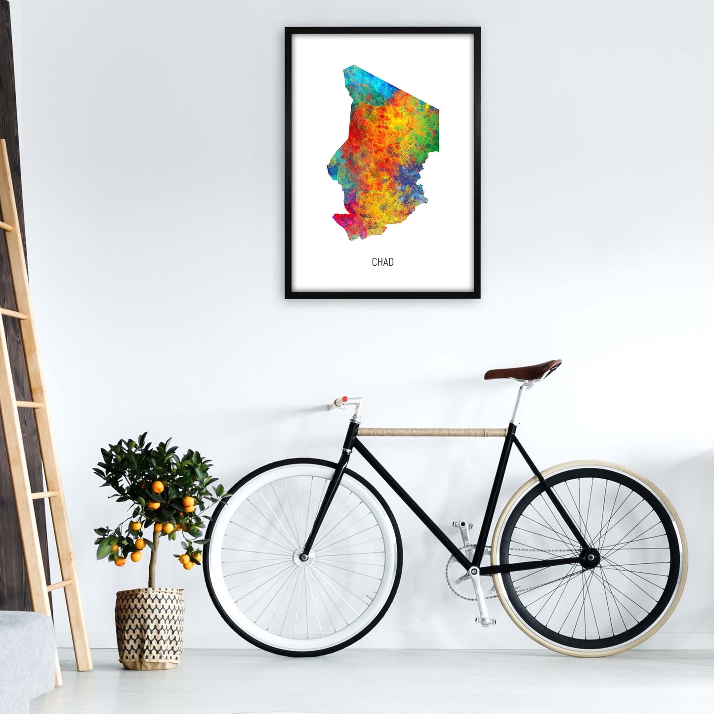 Chad Watercolour Map Art Print by Michael Tompsett A1 White Frame