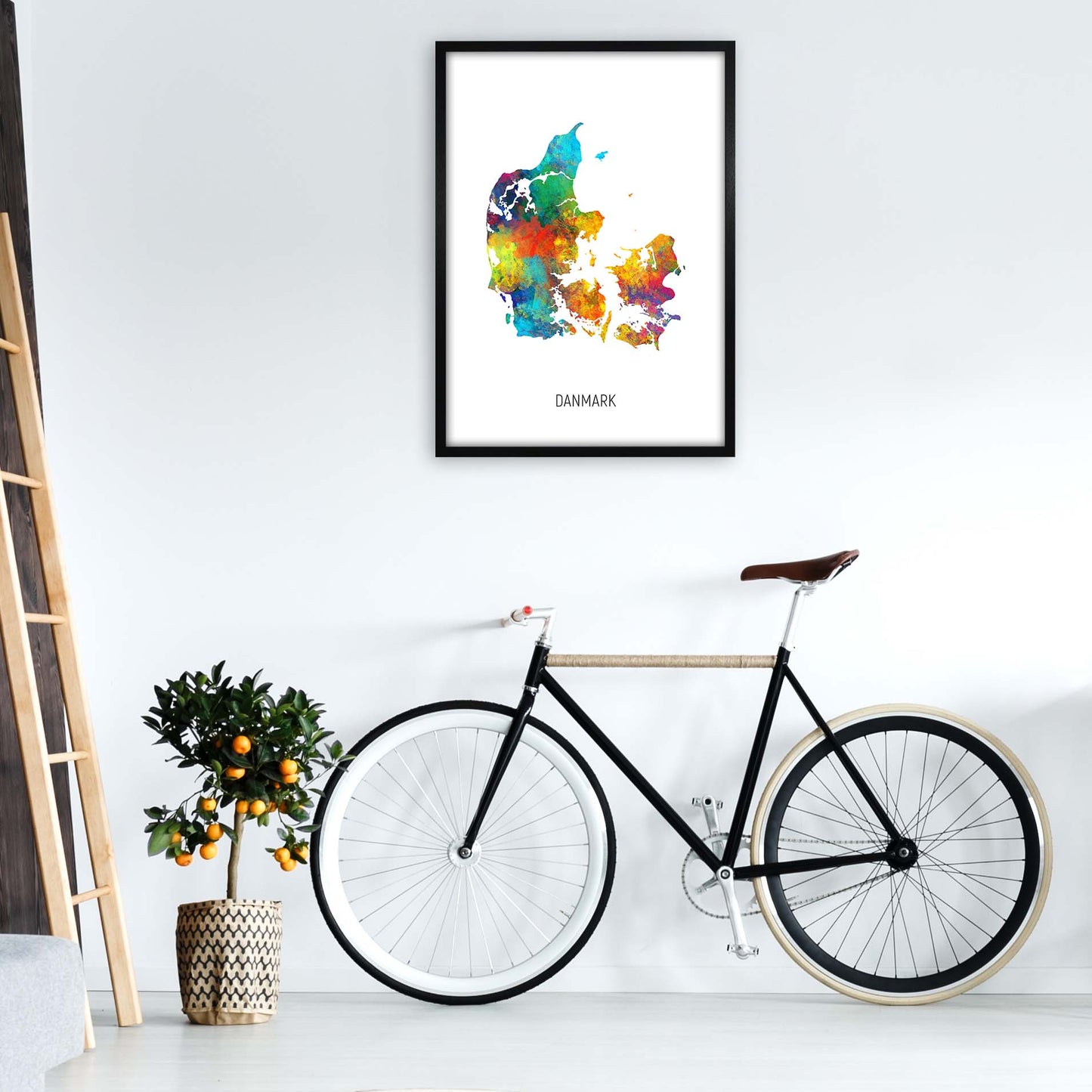 Danmark Watercolour Map Art Print by Michael Tompsett A1 White Frame