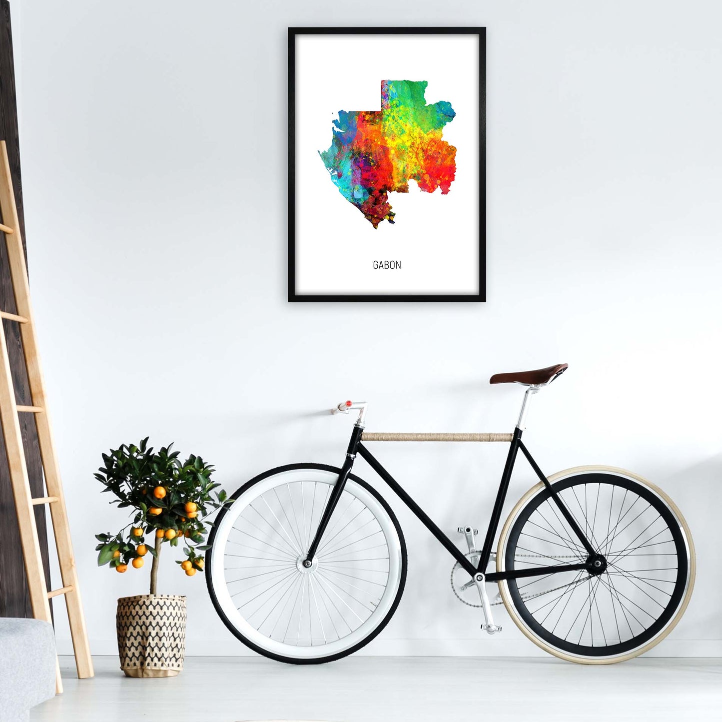 Gabon Watercolour Map Art Print by Michael Tompsett A1 White Frame