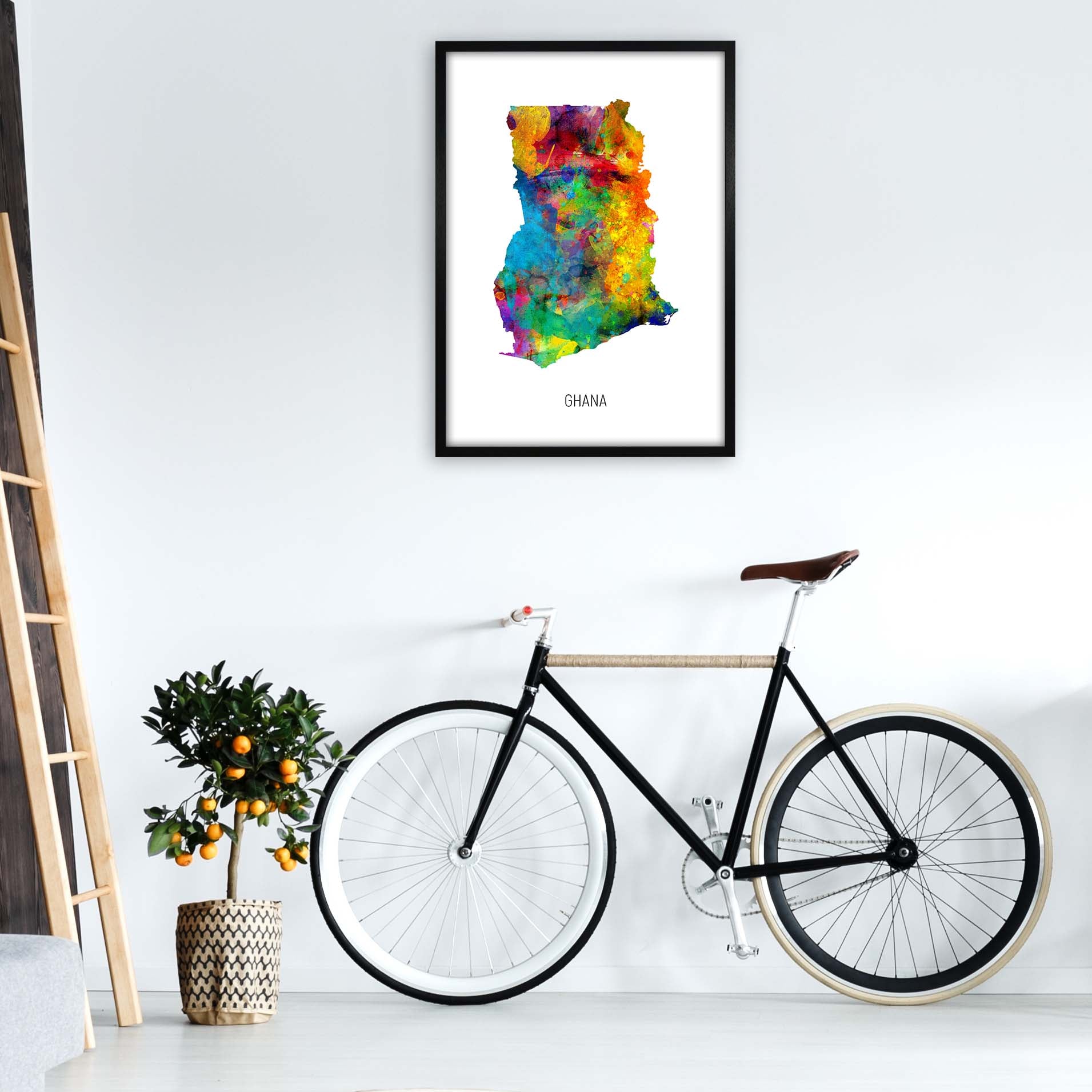 Ghana Watercolour Map Art Print by Michael Tompsett A1 White Frame