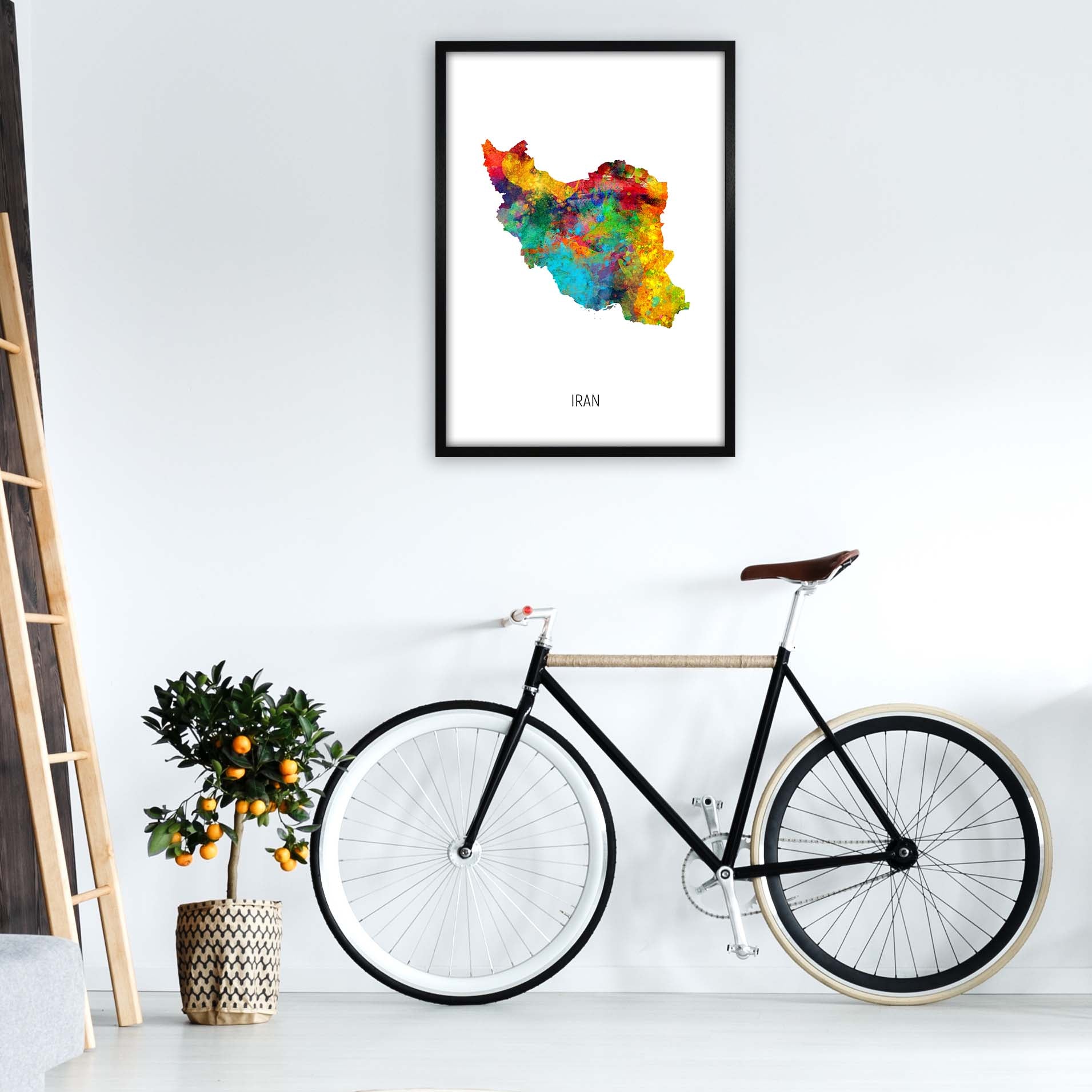 Iran Watercolour Map Art Print by Michael Tompsett A1 White Frame