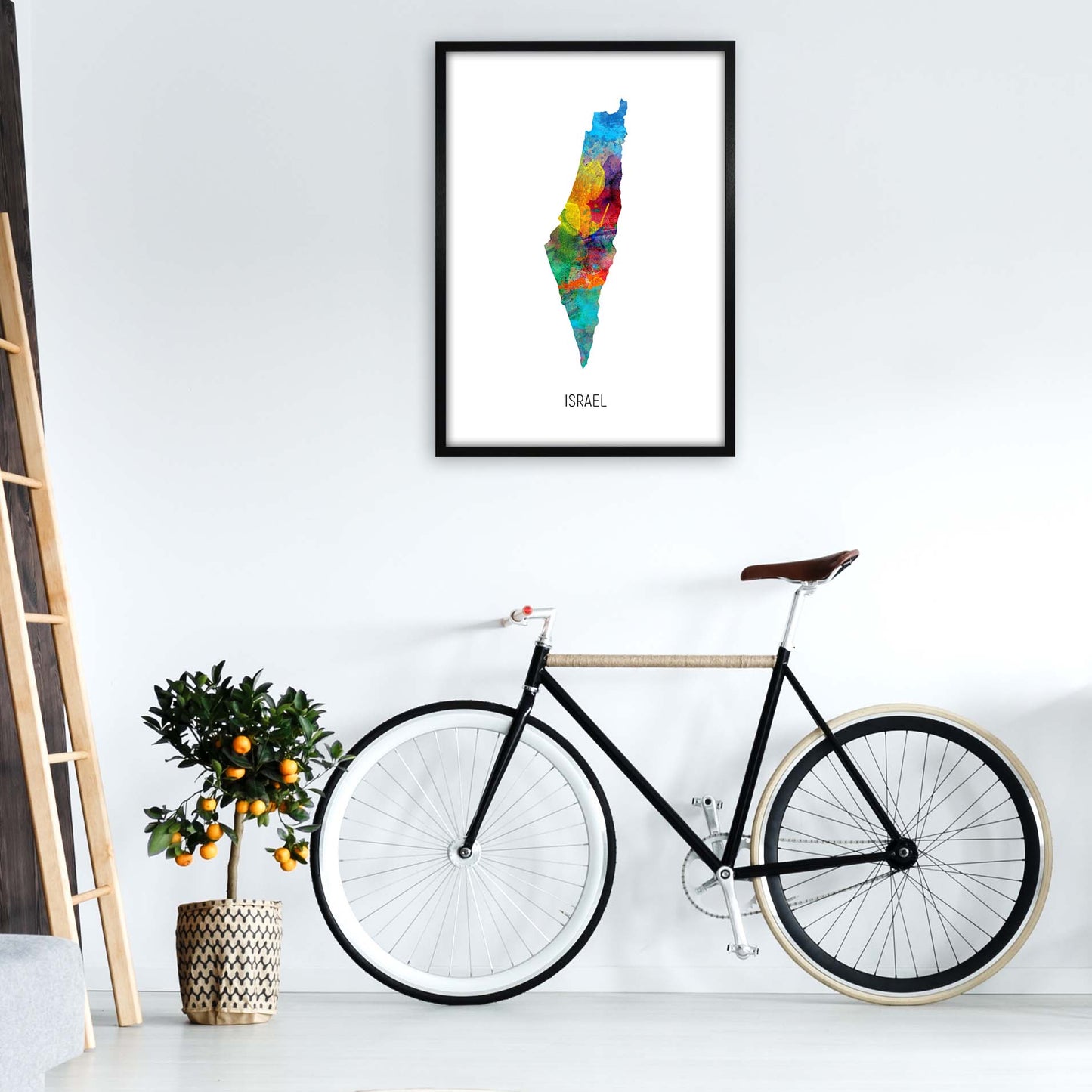 Israel Watercolour Map Art Print by Michael Tompsett A1 White Frame