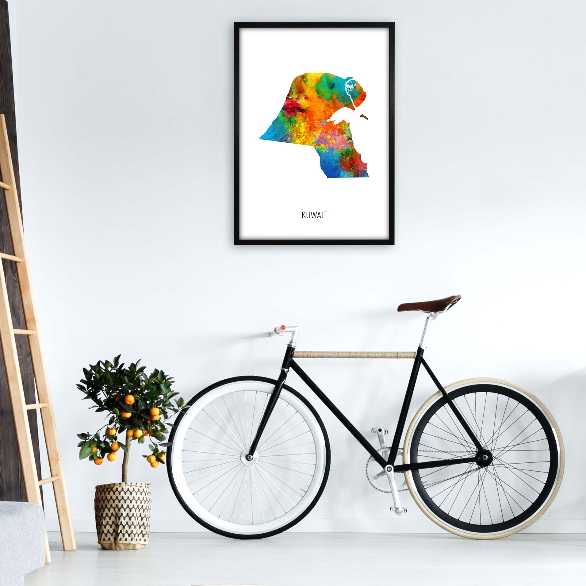 Kuwait Watercolour Map Art Print by Michael Tompsett A1 White Frame