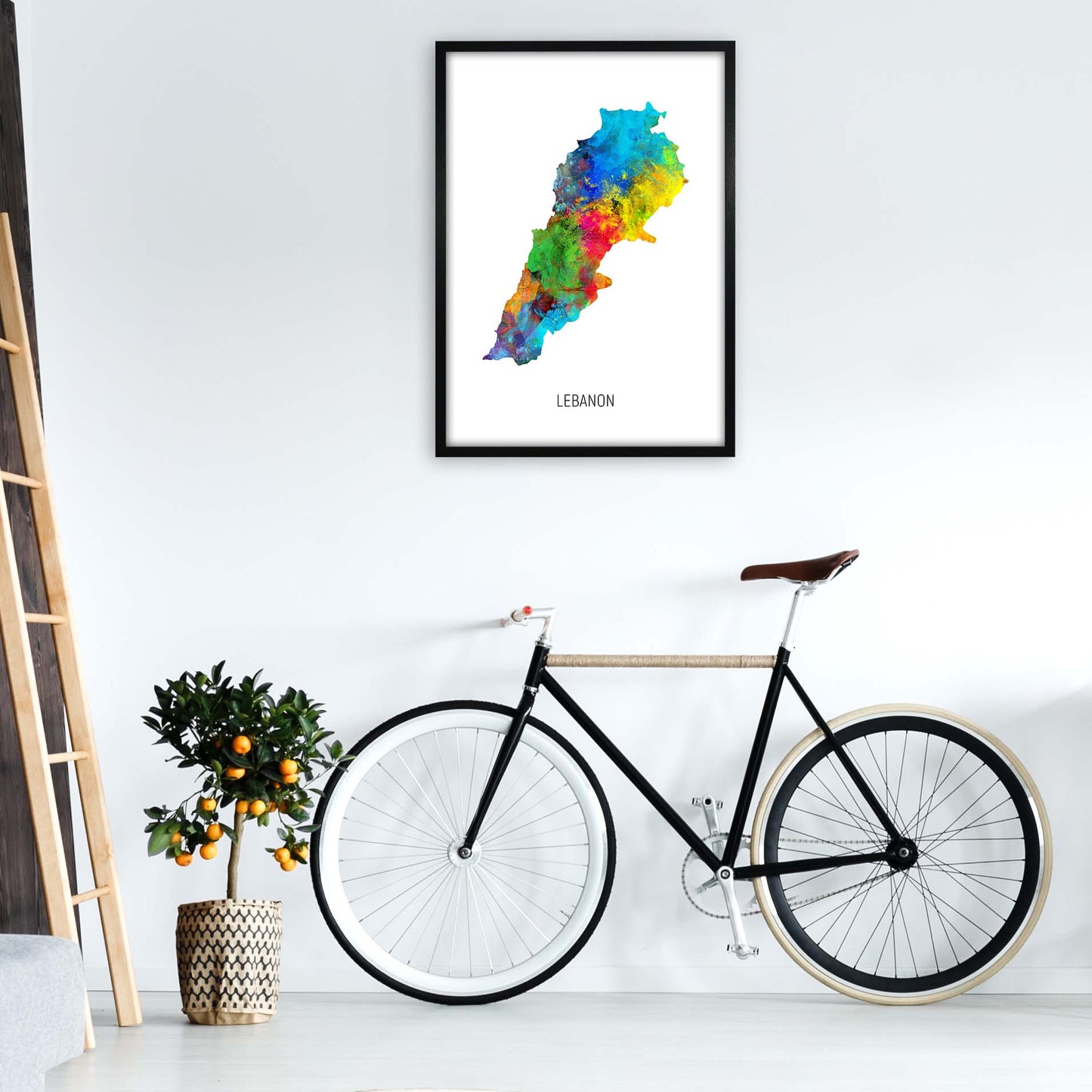 Lebanon Watercolour Map Art Print by Michael Tompsett A1 White Frame
