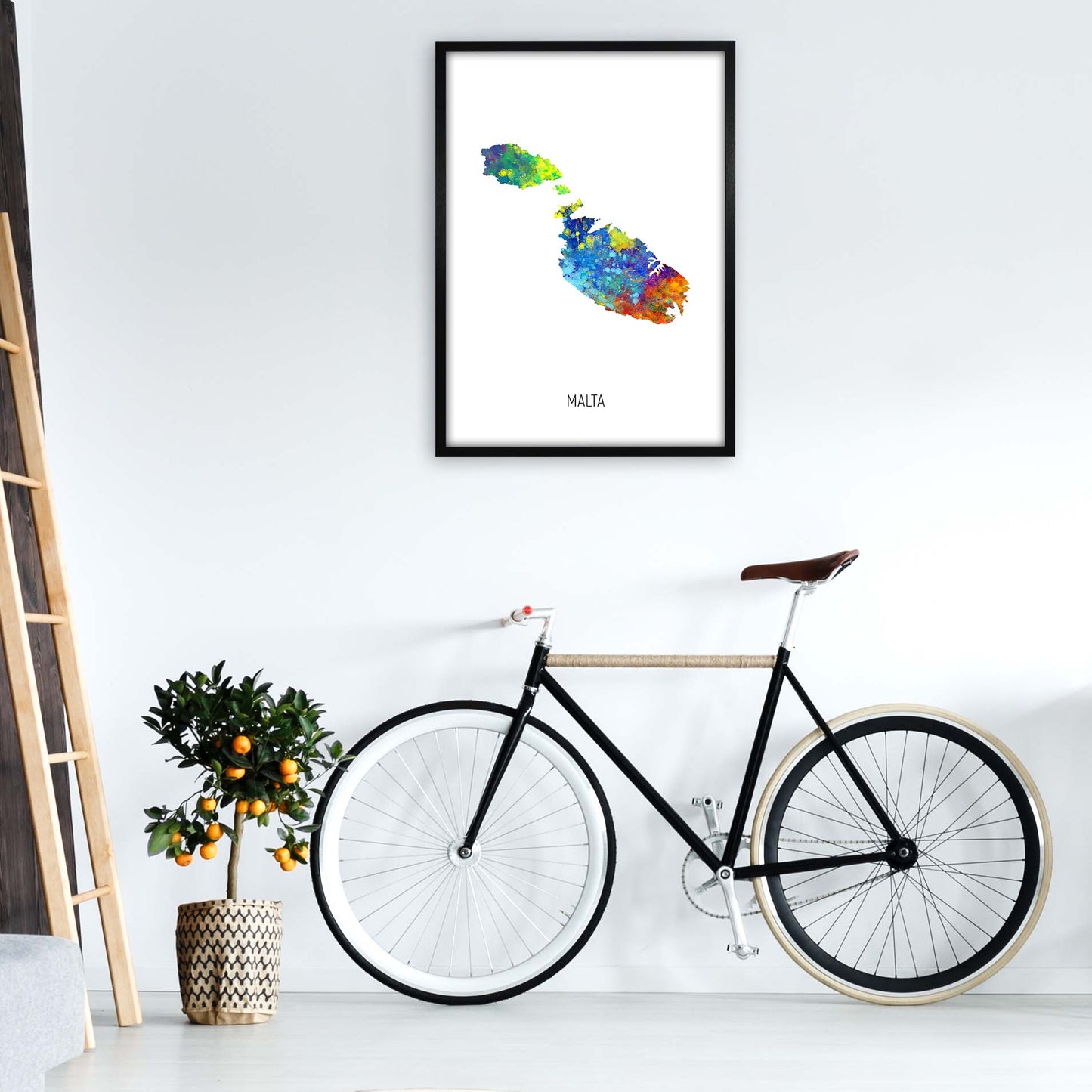 Malta Watercolour Map Art Print by Michael Tompsett A1 White Frame