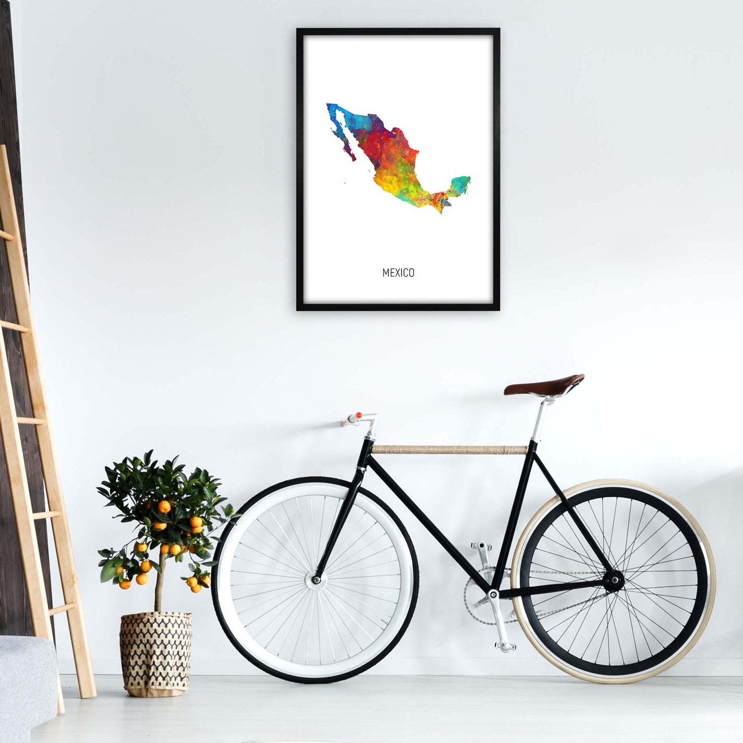 Mexico Watercolour Map Art Print by Michael Tompsett A1 White Frame
