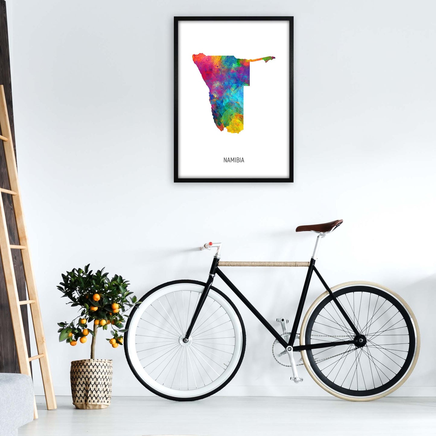 Namibia Watercolour Map Art Print by Michael Tompsett A1 White Frame