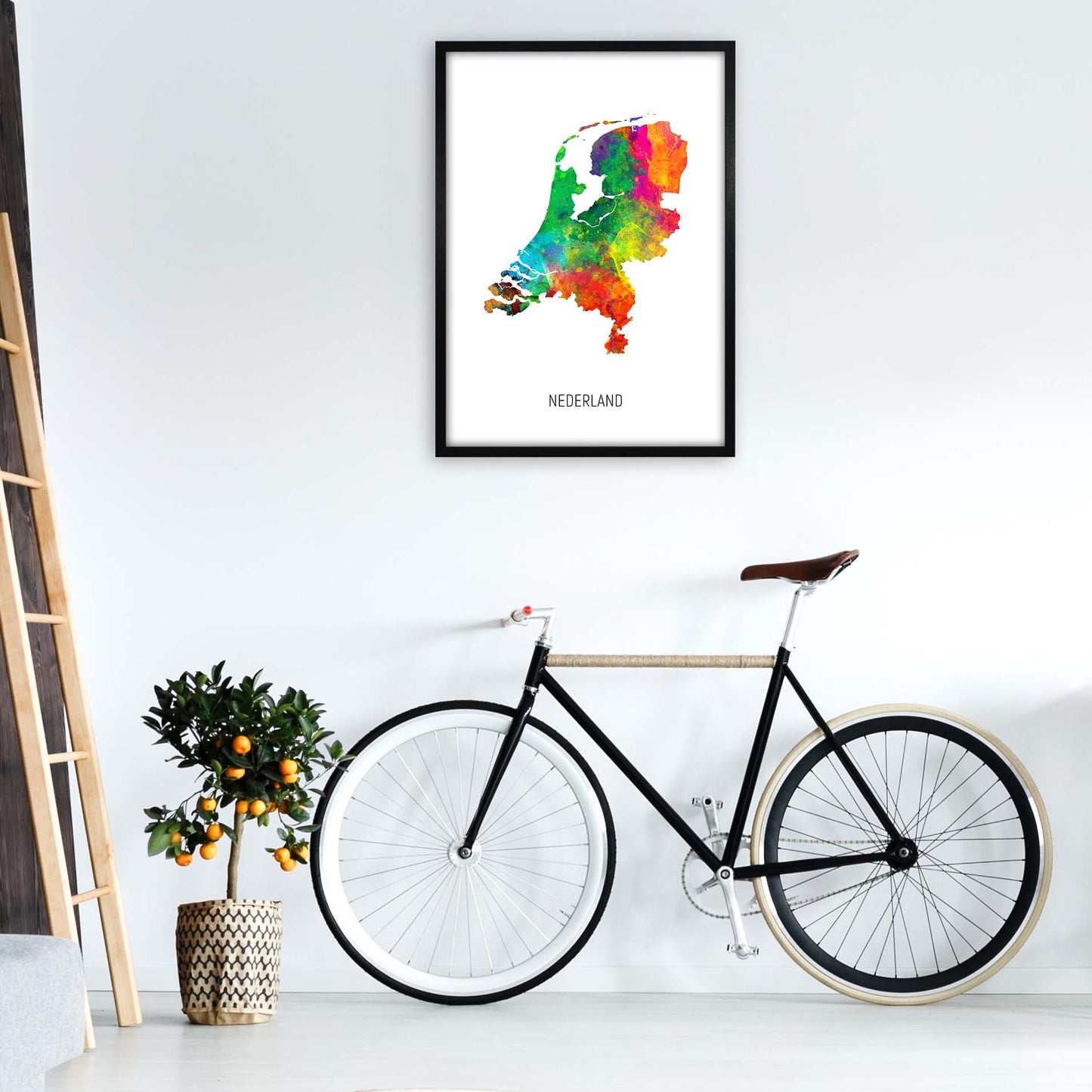Nederland Watercolour Map Art Print by Michael Tompsett A1 White Frame