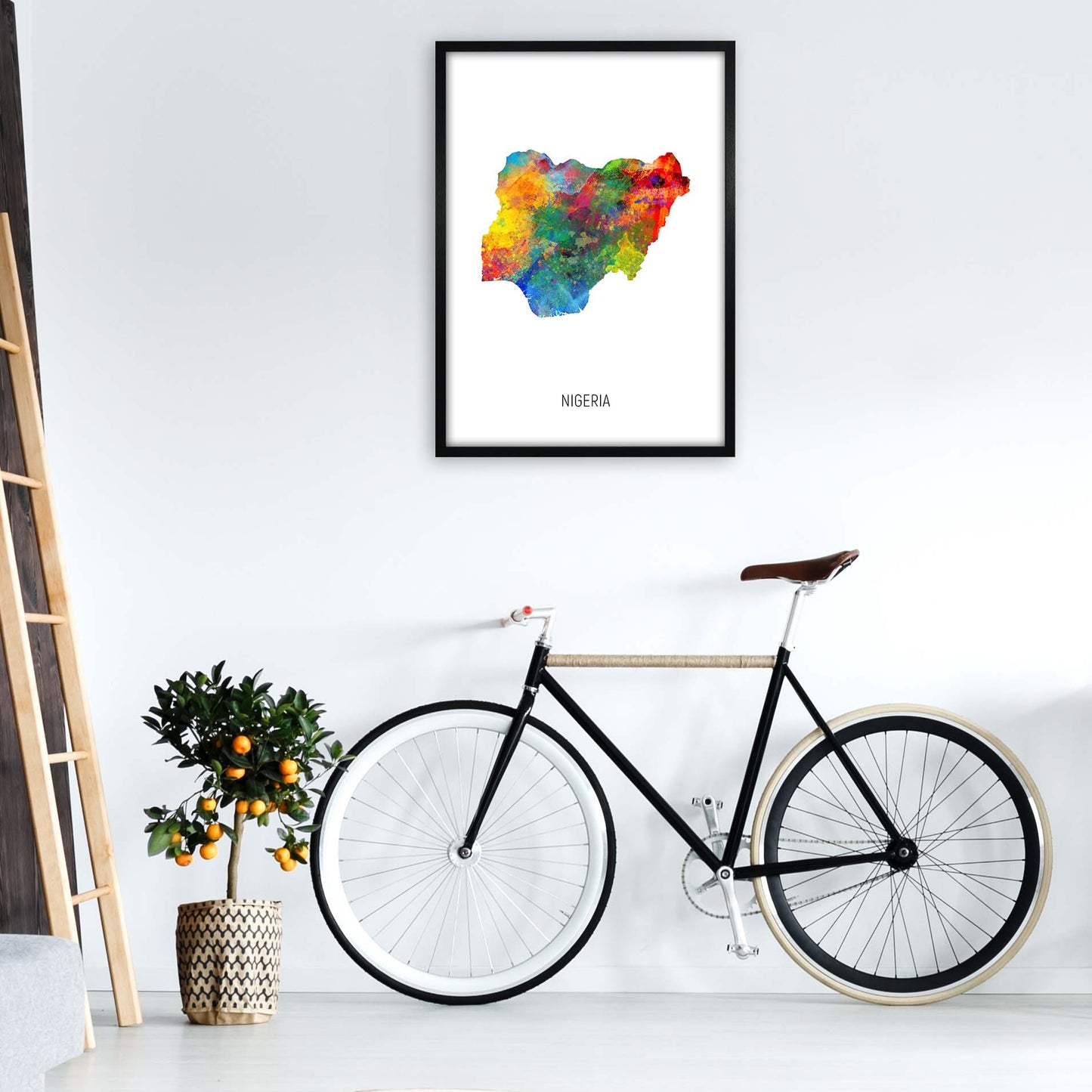Nigeria Watercolour Map Art Print by Michael Tompsett A1 White Frame