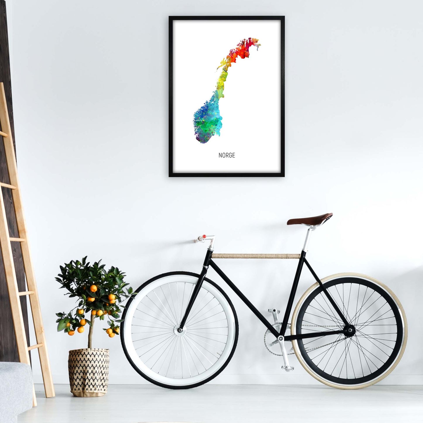 Norge Watercolour Map Art Print by Michael Tompsett A1 White Frame