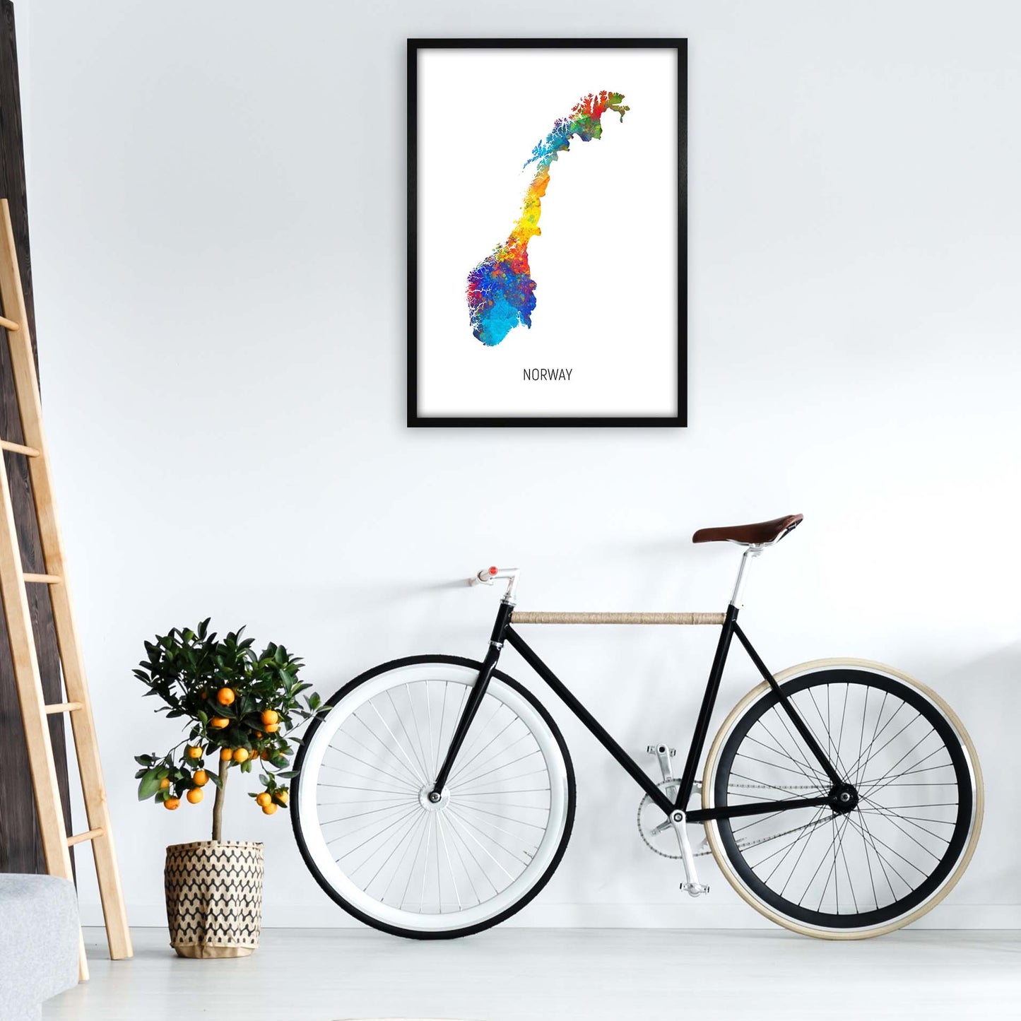Norway Watercolour Map Art Print by Michael Tompsett A1 White Frame