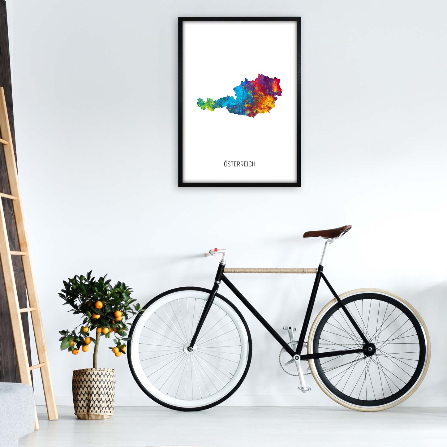 Osterreich Watercolour Map Art Print by Michael Tompsett A1 White Frame