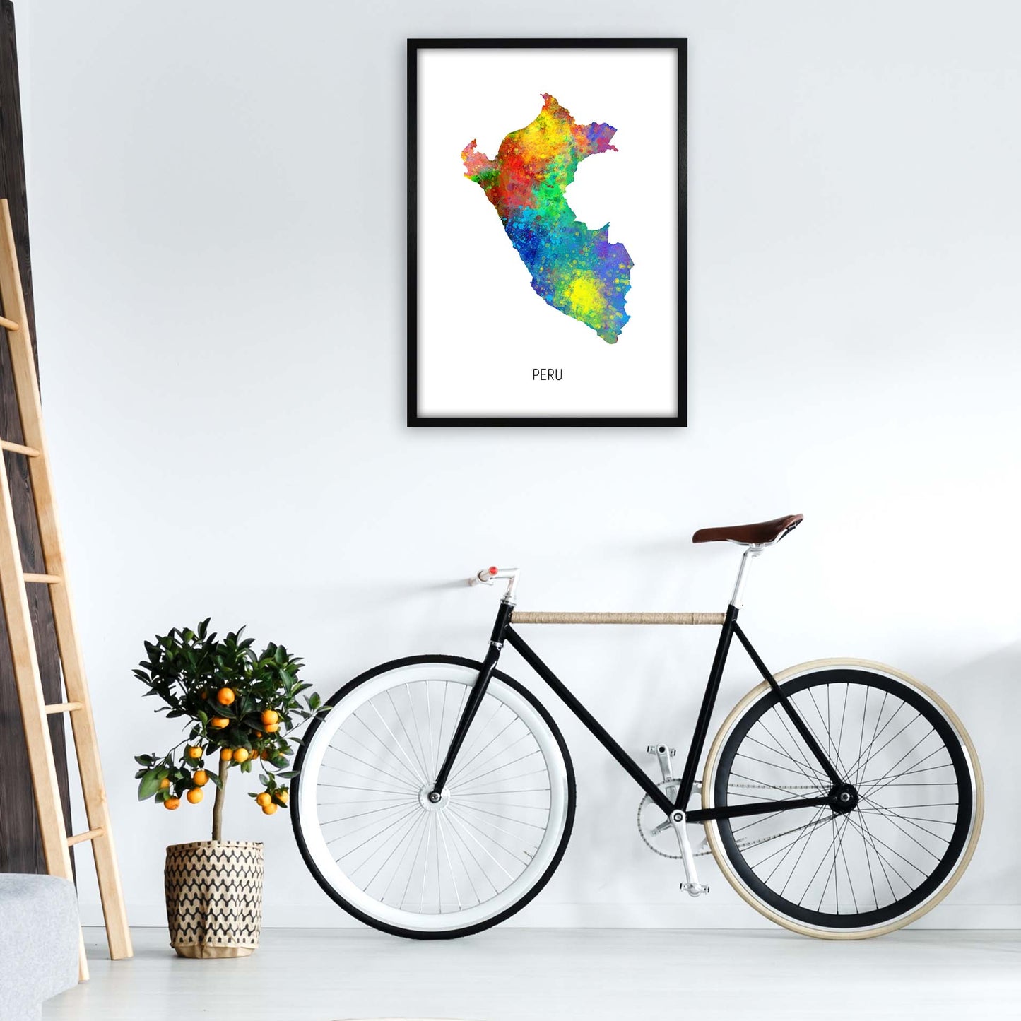 Peru Watercolour Map Art Print by Michael Tompsett A1 White Frame