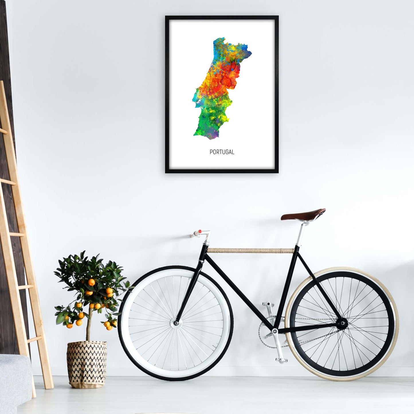 Portugal Watercolour Map Art Print by Michael Tompsett A1 White Frame