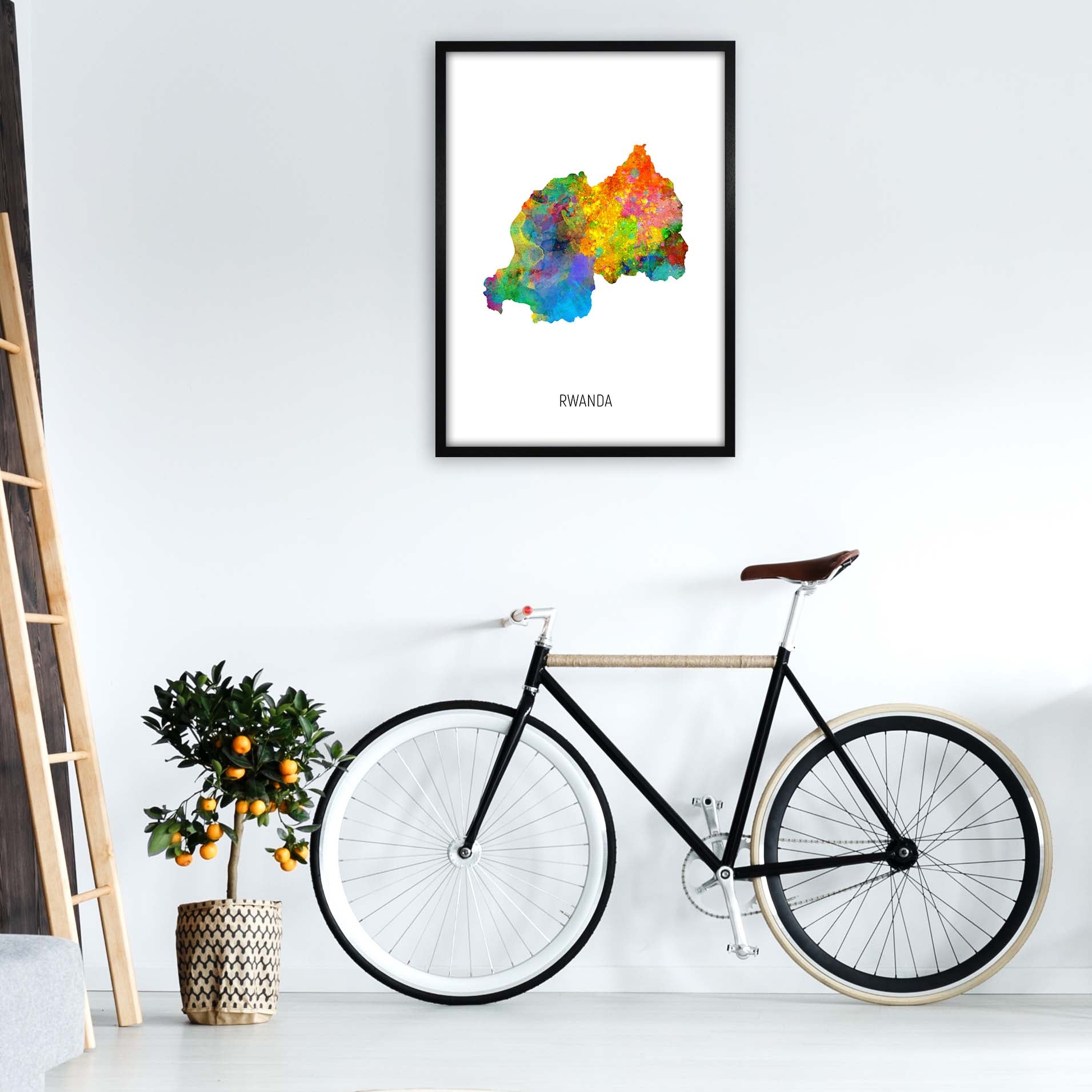 Rwanda Watercolour Map Art Print by Michael Tompsett A1 White Frame