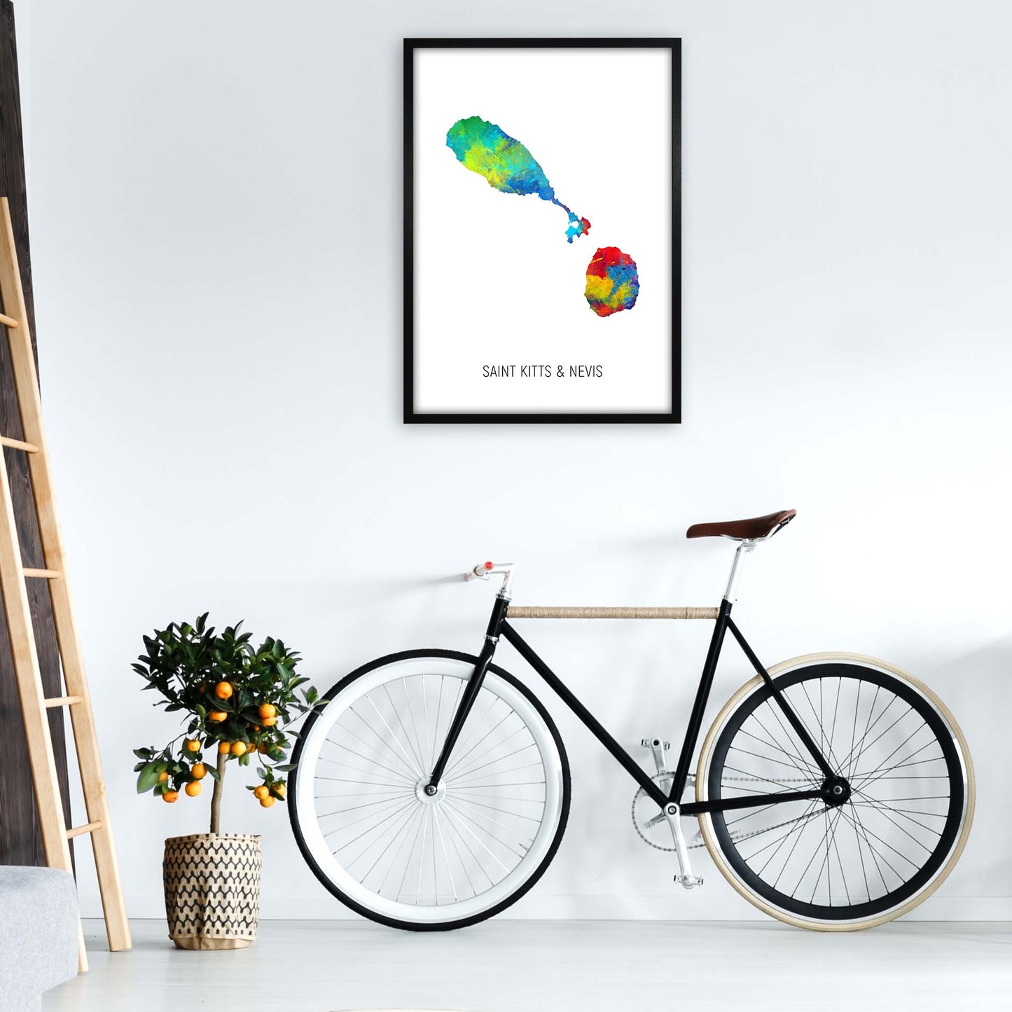 Saint Kitts And Nevis Watercolour Map by Michael Tompsett A1 White Frame
