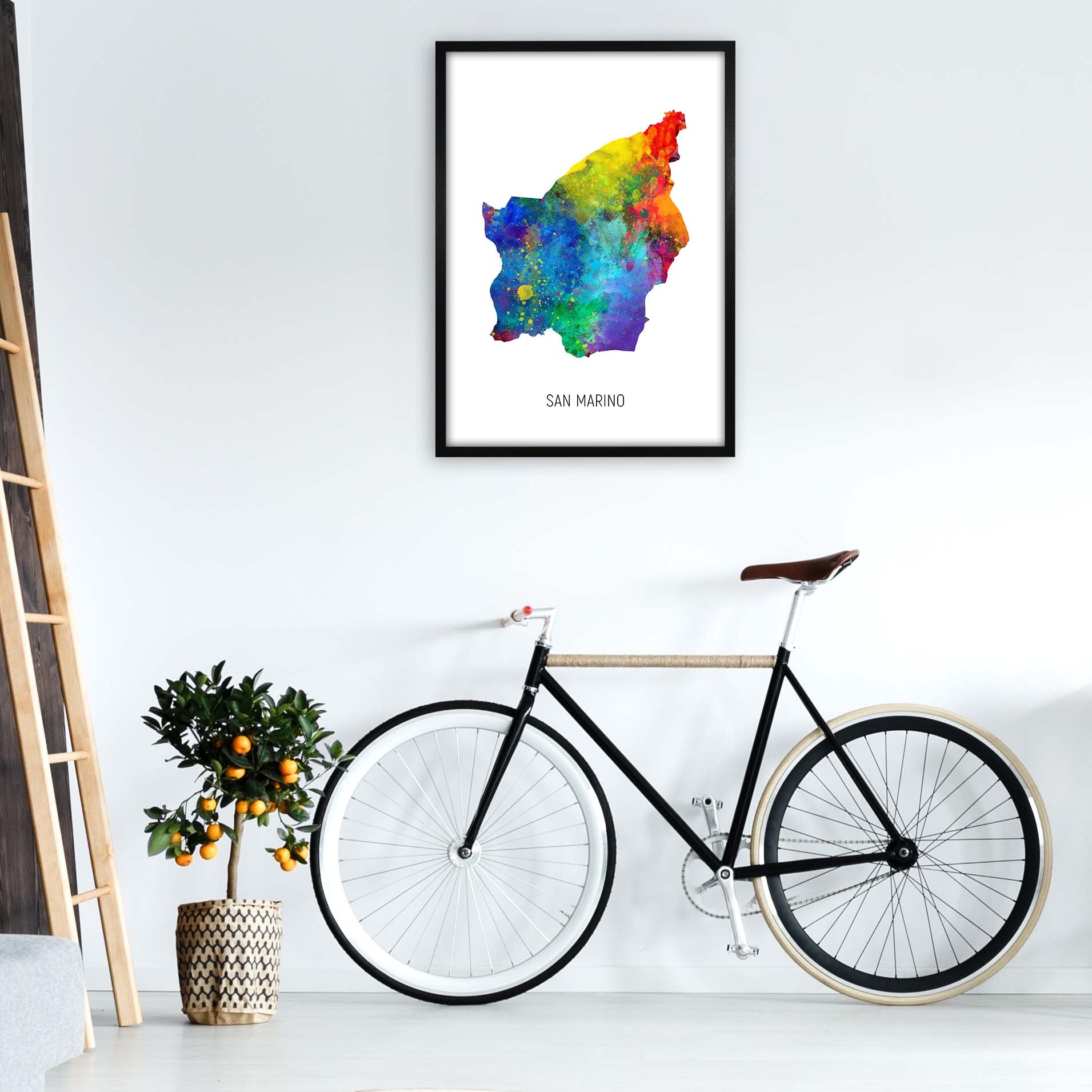 San Marino Watercolour Map Art Print by Michael Tompsett A1 White Frame
