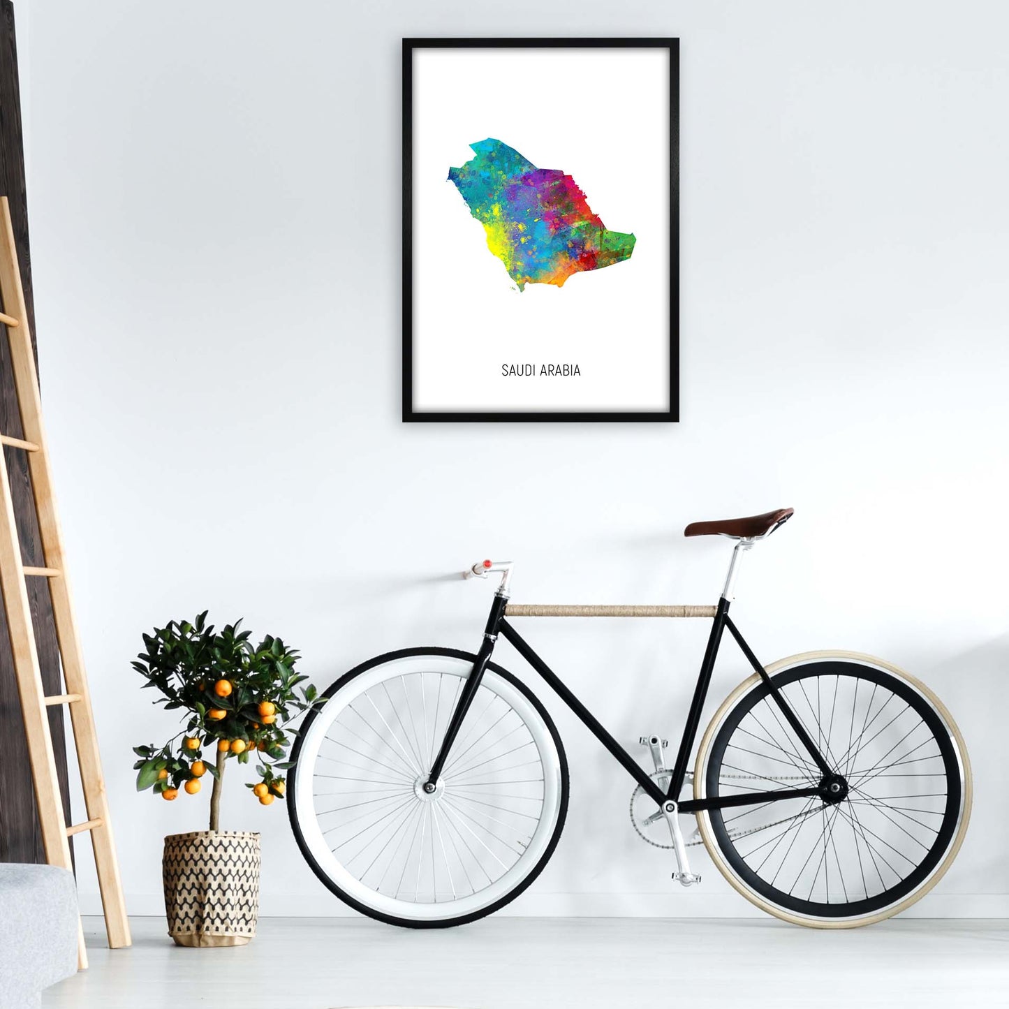 Saudi Arabia Watercolour Map Art Print by Michael Tompsett A1 White Frame
