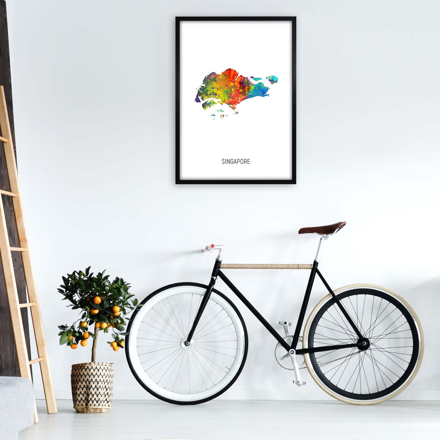 Singapore Watercolour Map Art Print by Michael Tompsett A1 White Frame