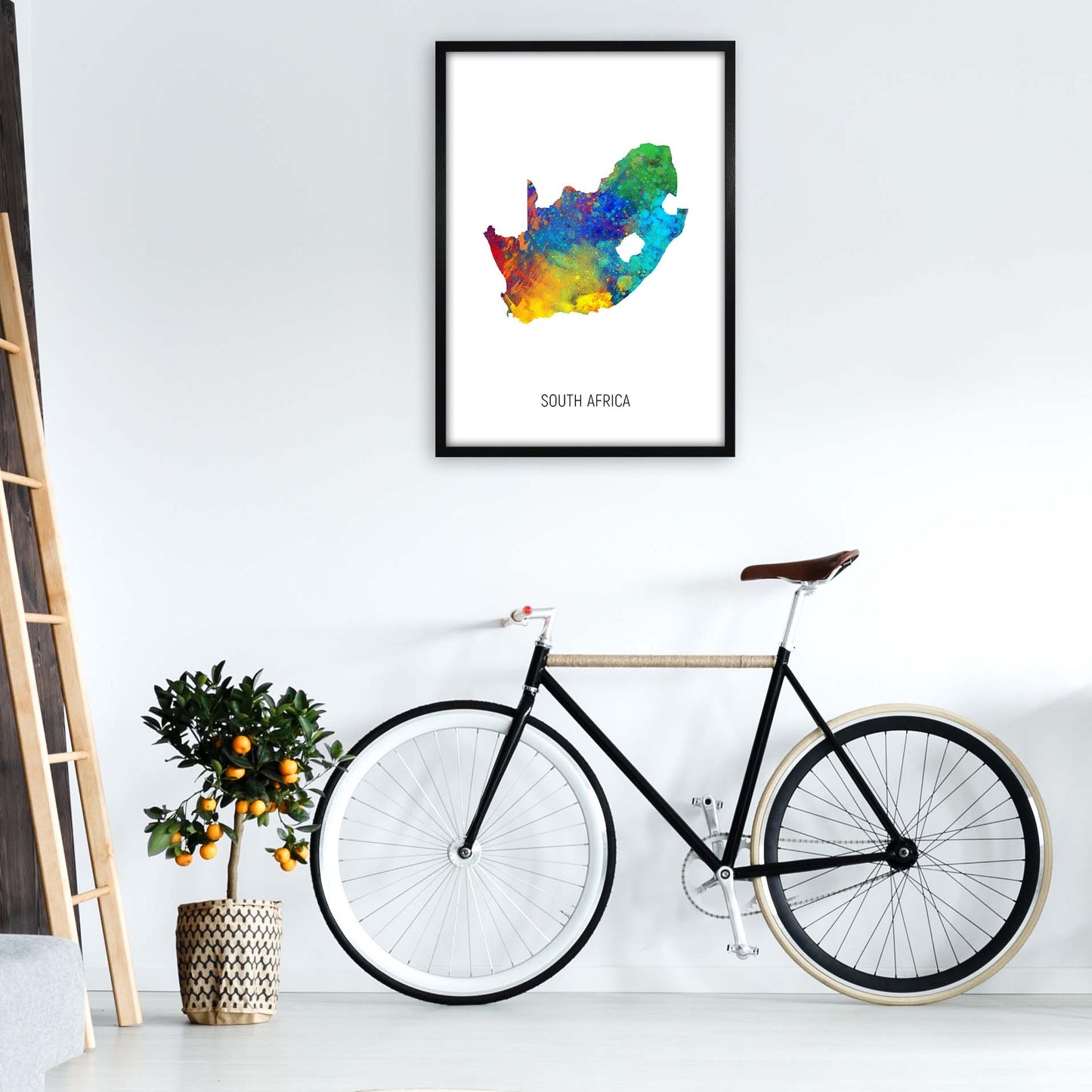 South Africa Watercolour Map Art Print by Michael Tompsett A1 White Frame